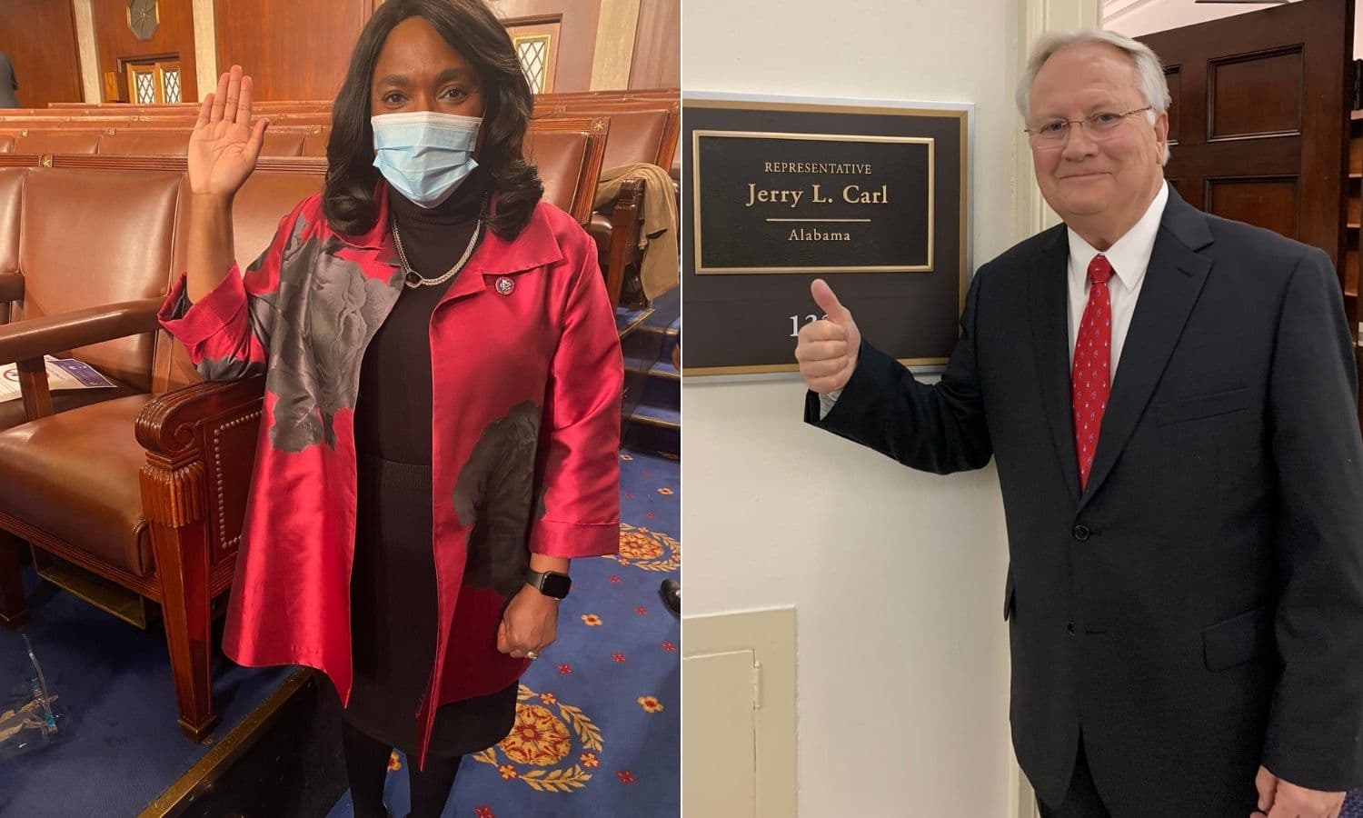 Two members of Alabama's congressional delegation who were sworn in on Sunday, Jan. 3, 2020, Congresswoman Terri Lathan, left, and Congressman Jerry Carl, right. (VIA TWITTER)