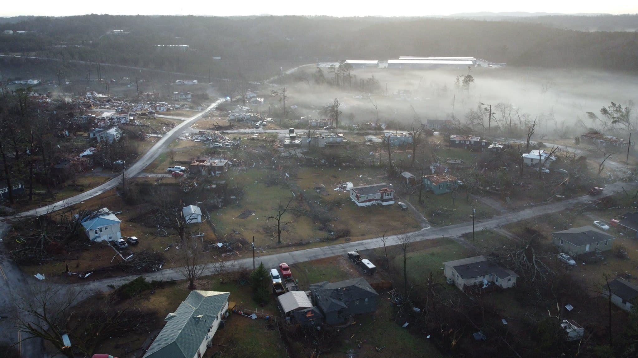 An aerial shot of storm damage near Darlene Estates in Fultondale, Alabama, after a tornado ravaged the area on Jan. 25, 2021. (@MOON2PACHI/TWITTER)