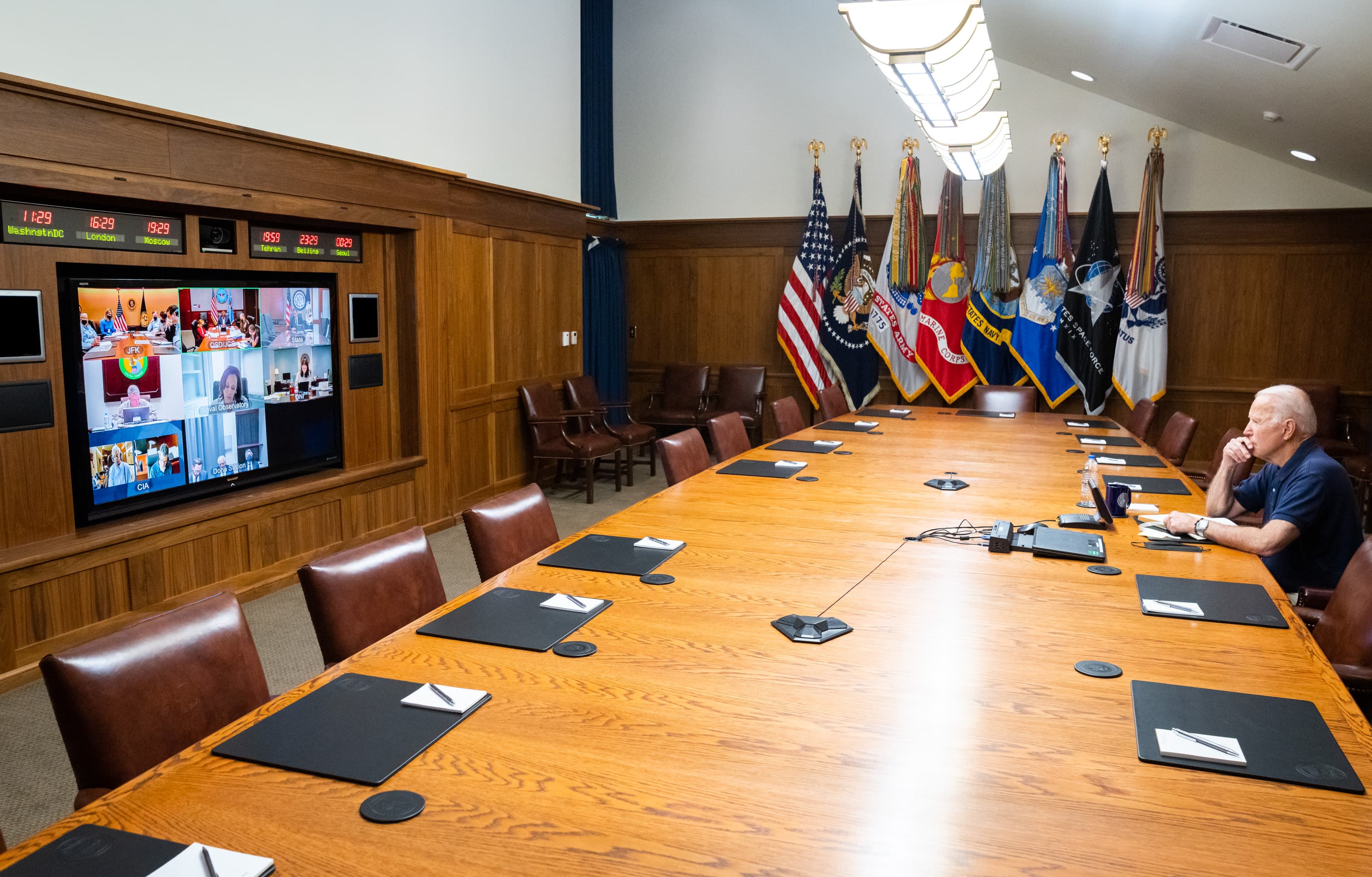 The president and vice president met with their national security team and senior officials to hear updates on the draw down of civilian personnel in Afghanistan.