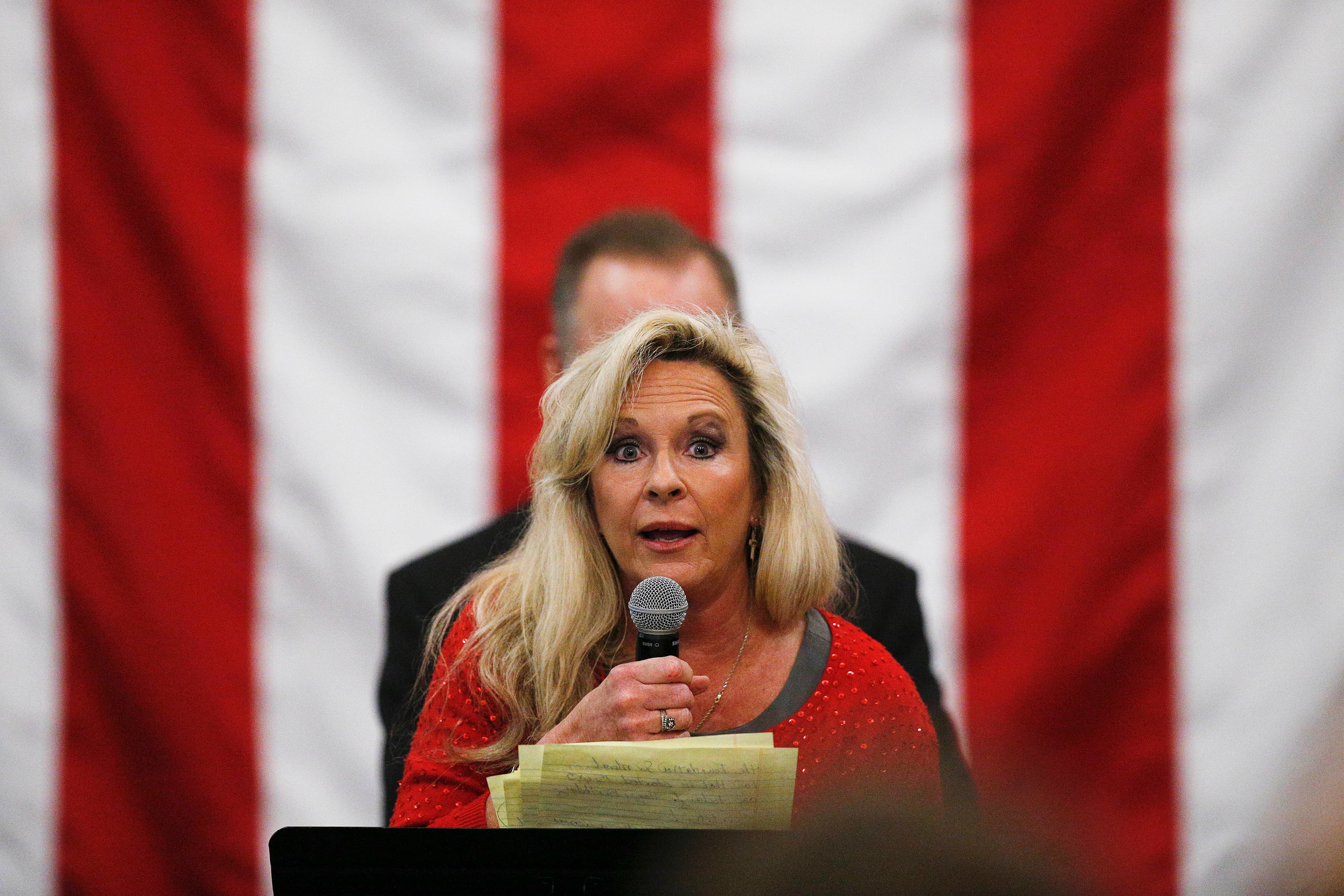 Kayla Moore introduces her husband, U.S. Senate candidate Roy Moore speaks at a campaign rally, Monday, Dec. 11, 2017. (AP Photo/Brynn Anderson)