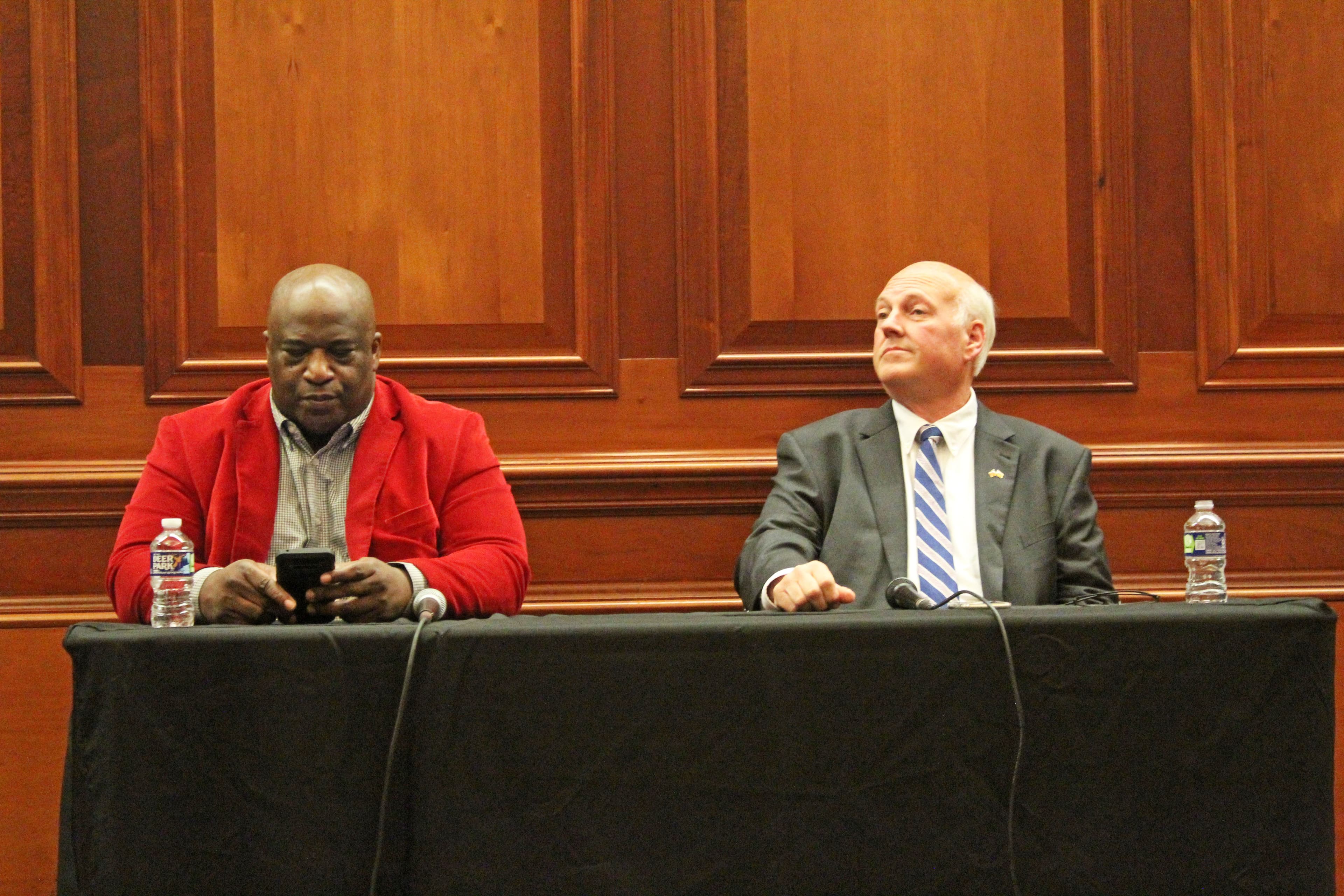 Secretary of State candidates Christian Horn and Ed Packard participate in a forum Tuesday hosted by the League of Women Voters of Alabama. (Jacob Holmes / APR)