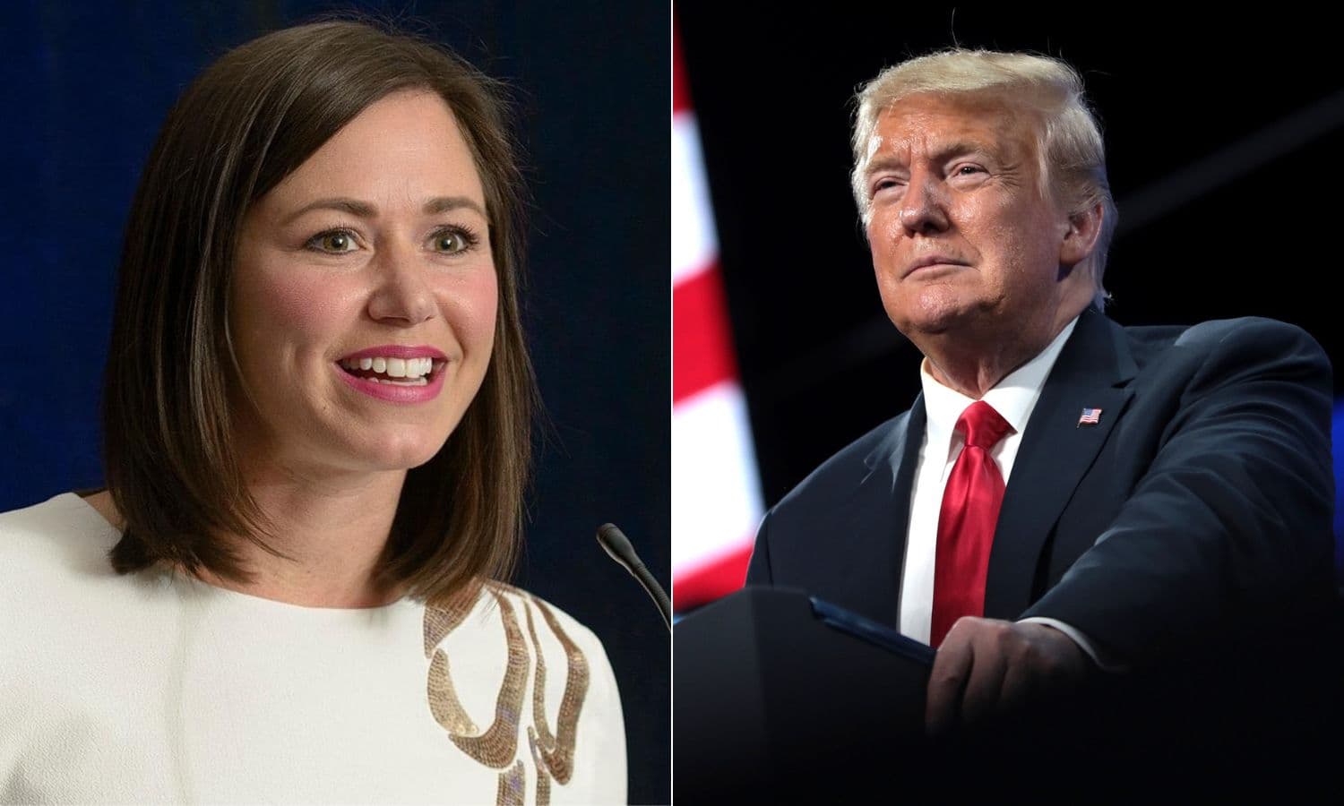 Republican Senate candidate Katie Britt, left, and former President Donald Trump, right.