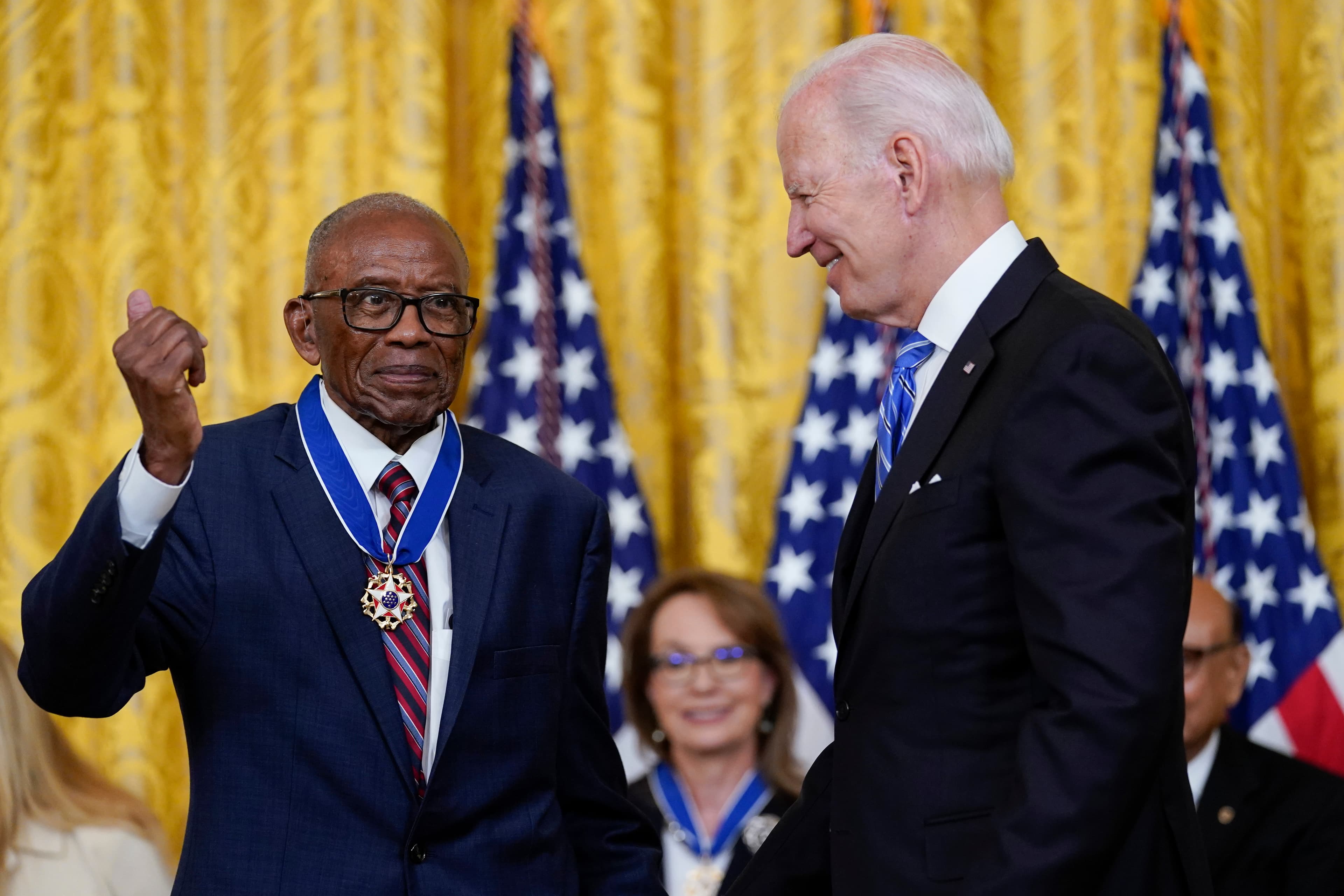 President Joe Biden awards the nation's highest civilian honor, the Presidential Medal of Freedom, to Fred Gray during a ceremony in the East Room of the White House in Washington, Thursday, July 7, 2022. (AP Photo/Susan Walsh)