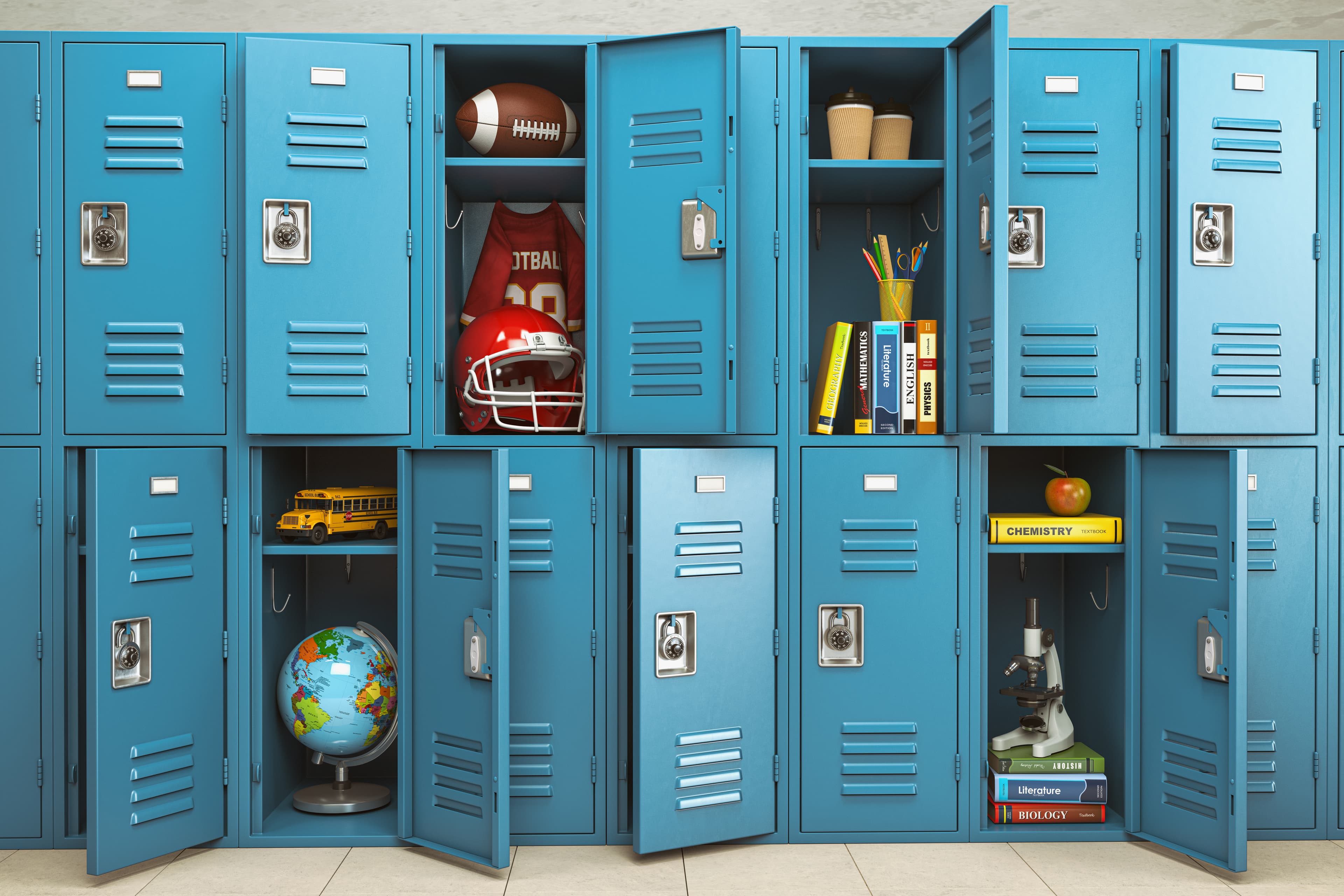 School lockers with items, equipments and accessoires for educat