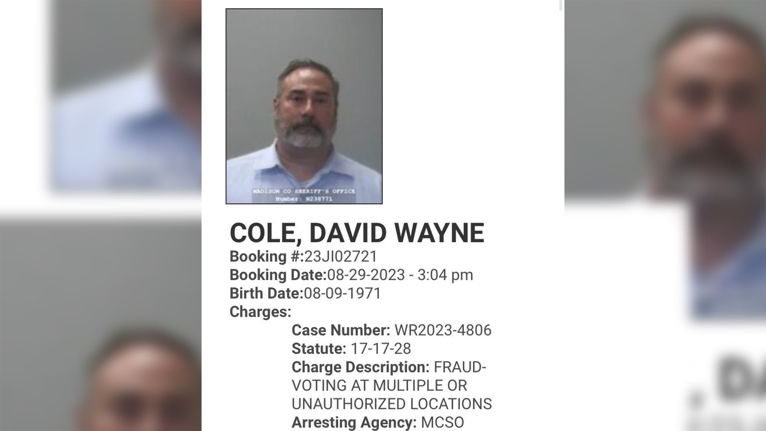 State Rep. David Cole's mugshot on the Madison County Sheriff Office's website.