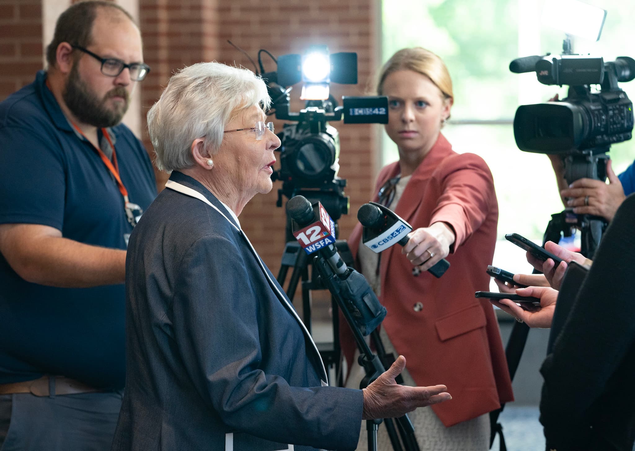 Gov. Kay Ivey speaks with media about her thoughts on the debate over widening the West Alabama corridor. (Hal Yeager/Governor's Office).