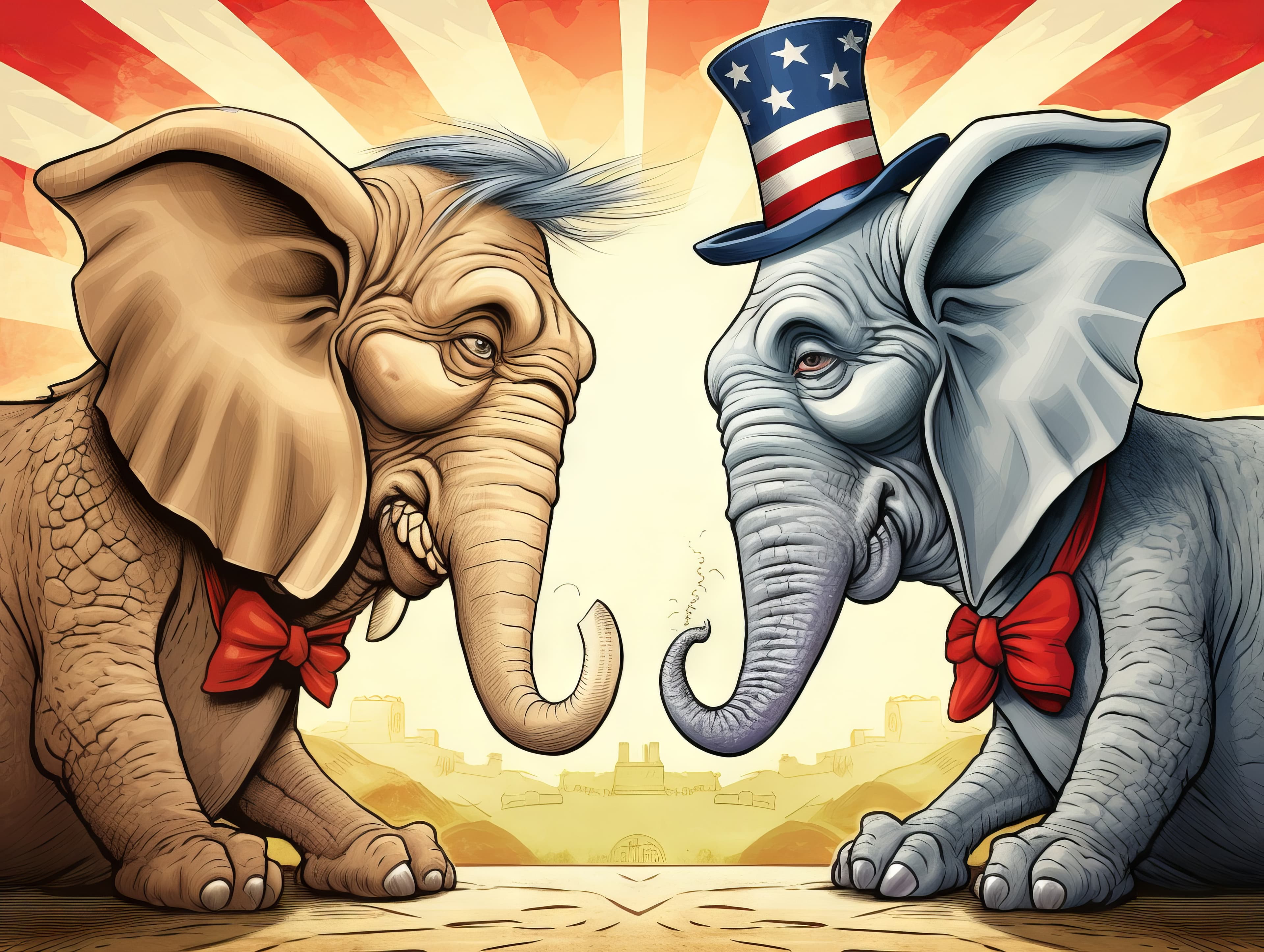 Elephant mascots for the Republican party facing off in battle for primary, caucus or policy issues in American politics Illustrated using generative ai.