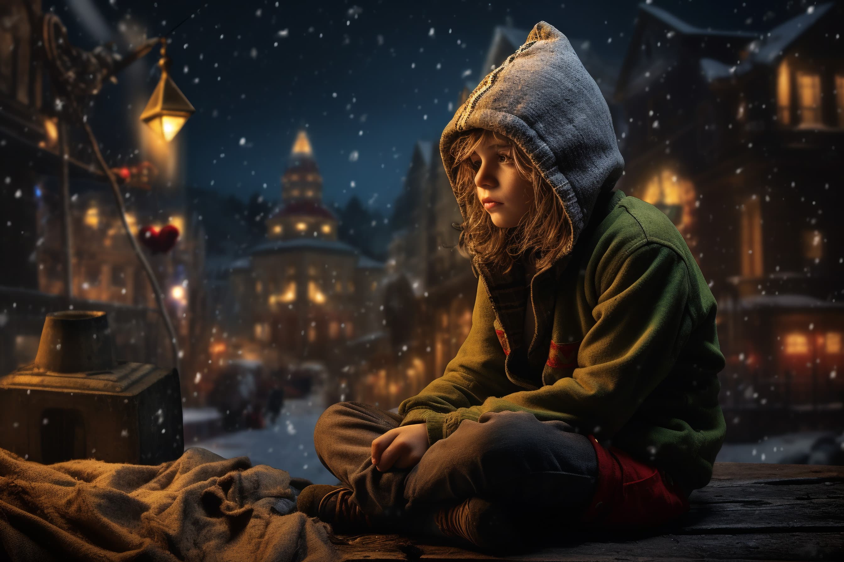 Illustration of a lonely homeless child on Christmas night.