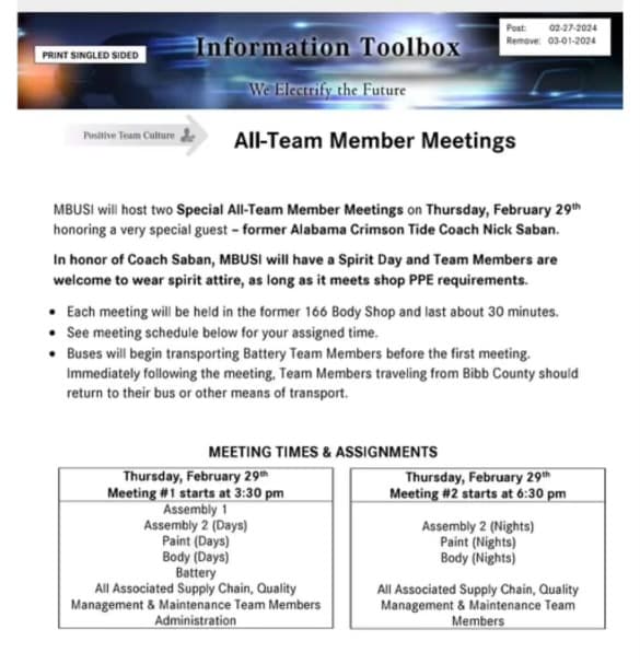 Flyer of mandatory meeting involving Saban