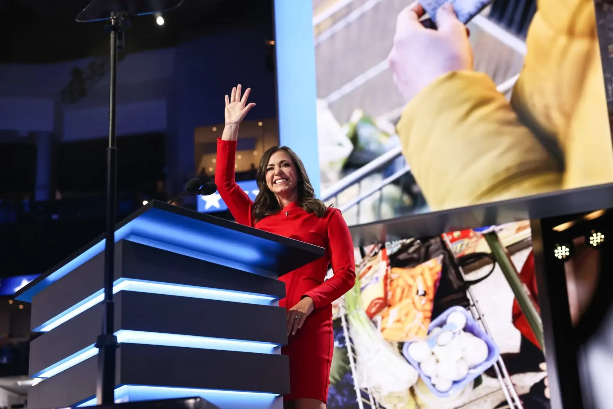 Alabama Sen. Katie Britt on stage at the 2024 Republican National Convention. Britt delivered a primetime speech during the first night of the convention.