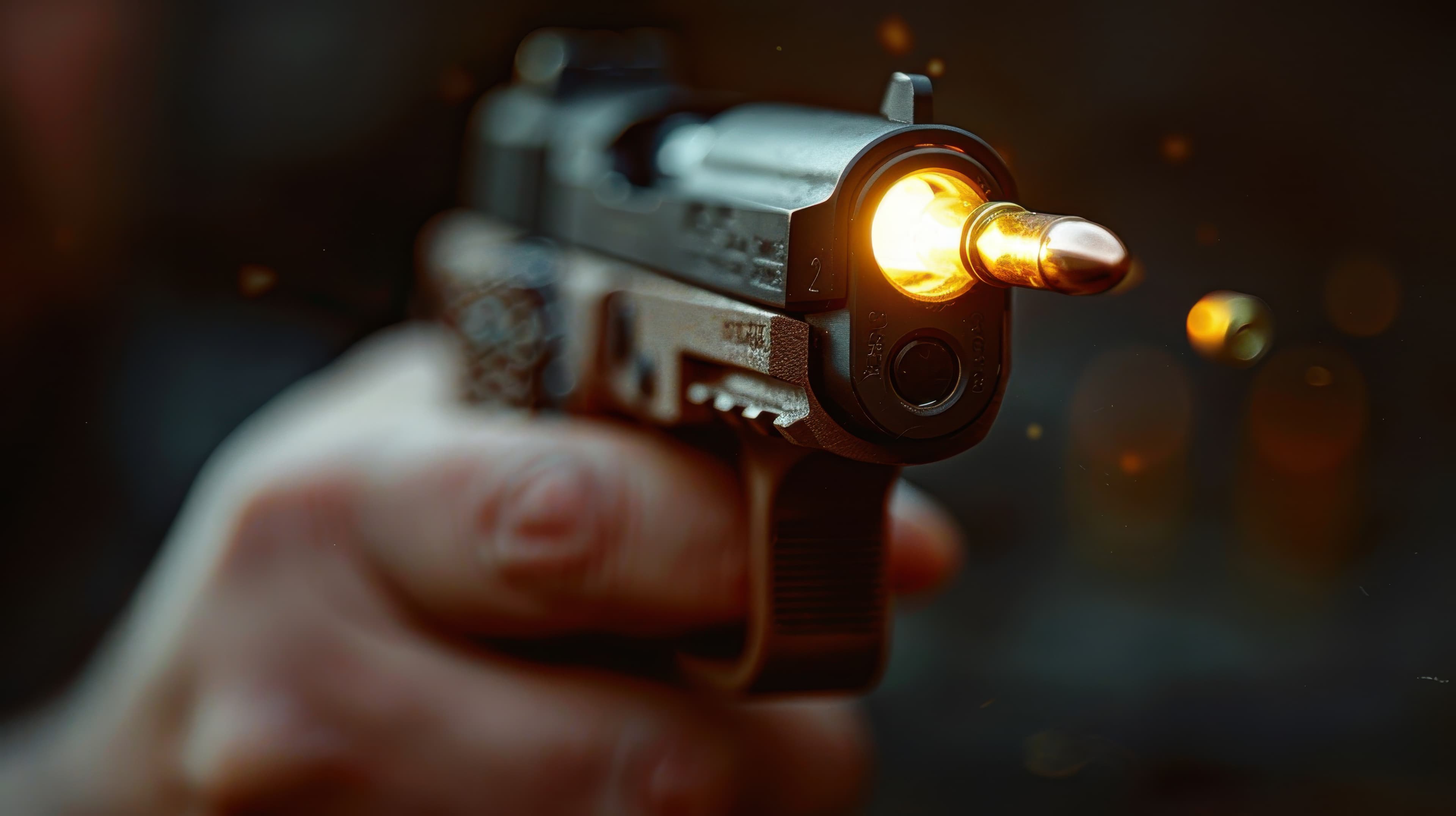 A handgun with a flying bullet. A hand holding a gun on a blurry background