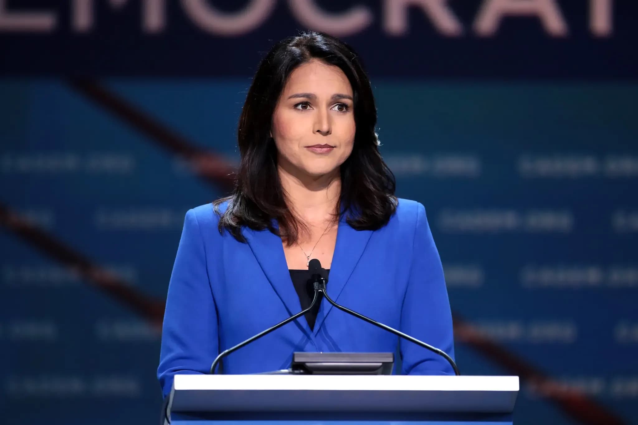 U.S. Congresswoman Tulsi Gabbard speaking with attendees at the 2019 California Democratic Party State Convention at the George R. Moscone Convention Center in San Francisco, California.