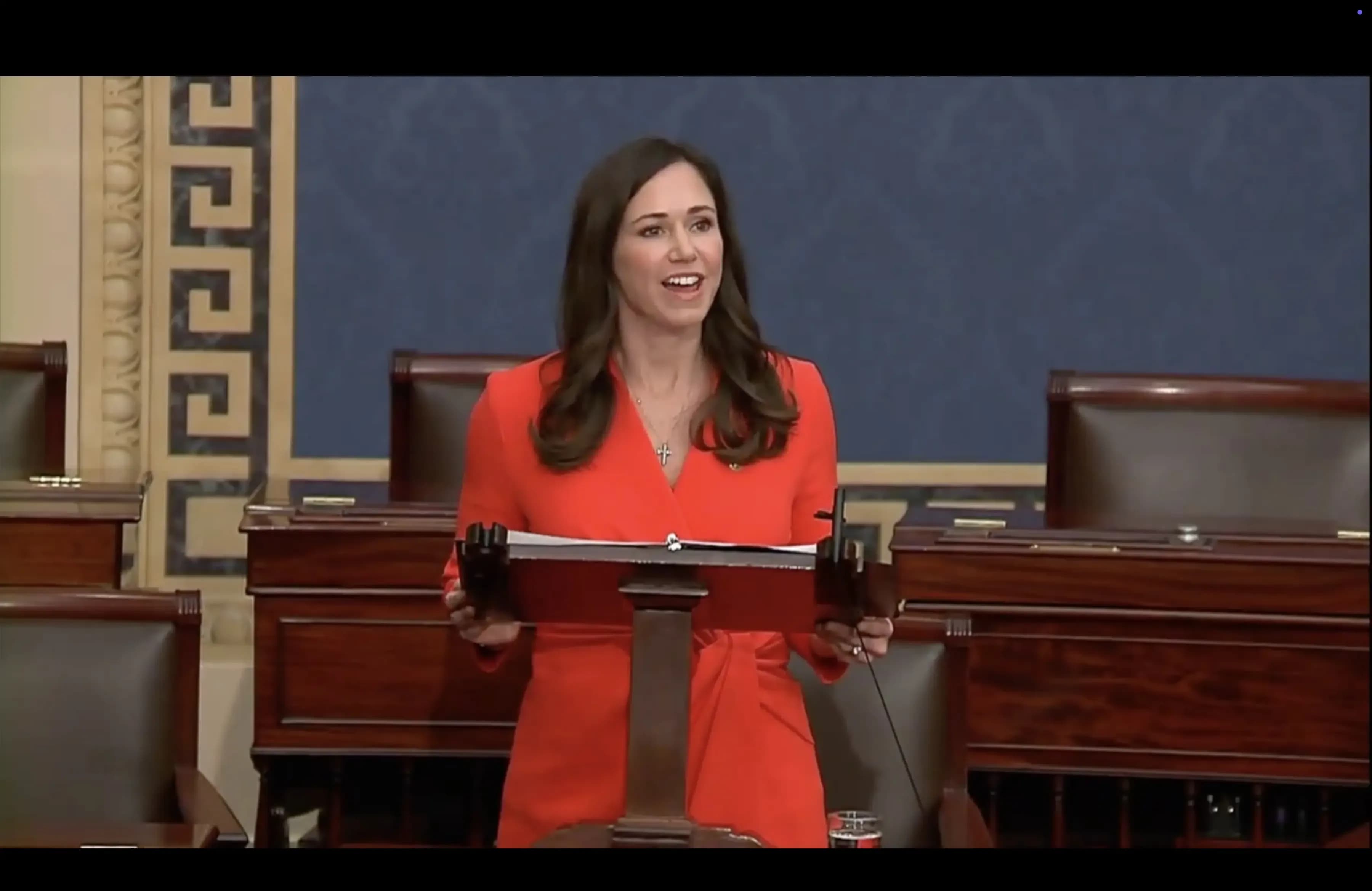 Sen. Katie Britt speaks on the Senate floor following the passage of the Laken Riley Act.