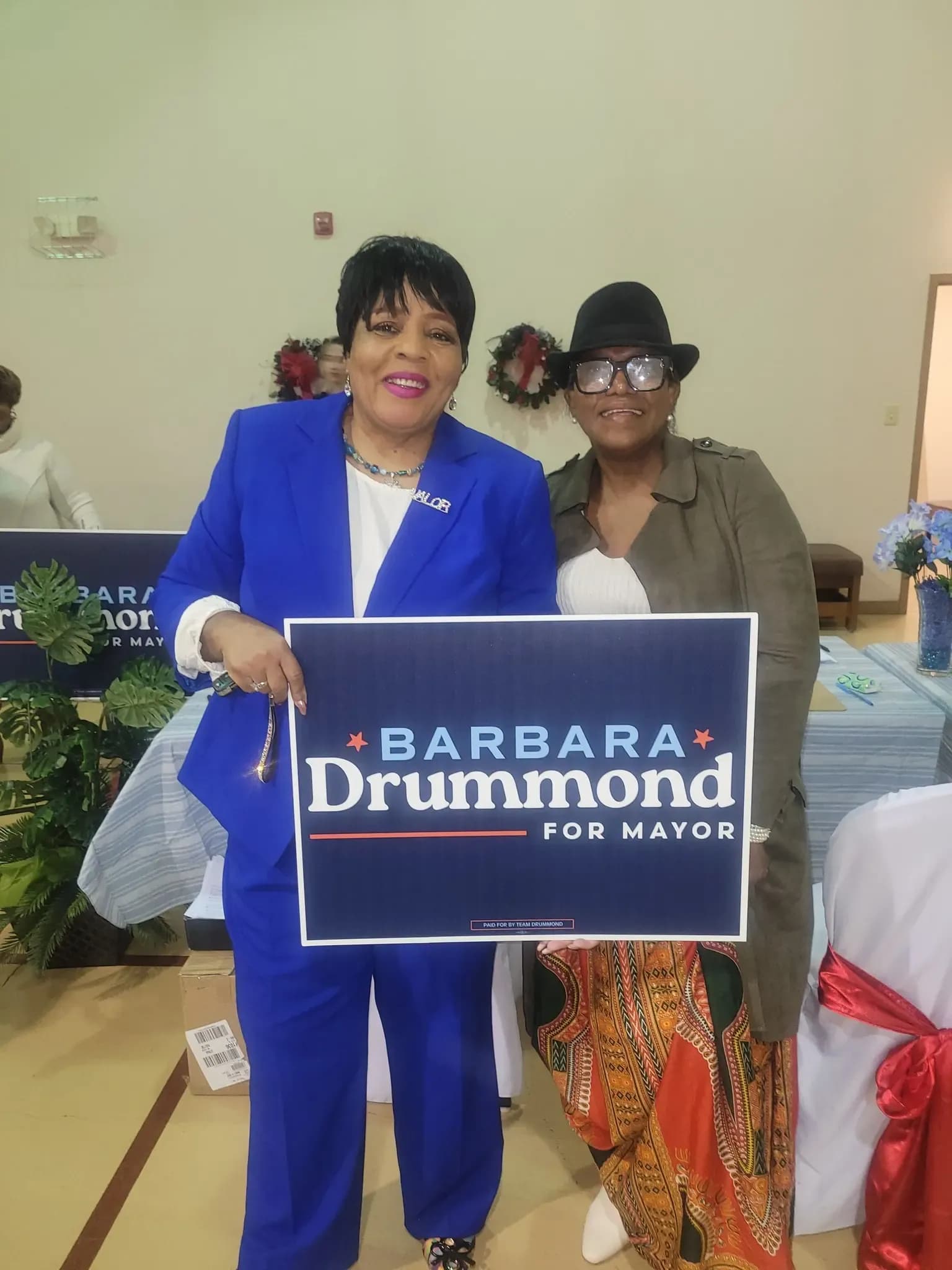 Barbara Drummond and a supporter at Drummond's mayoral campaign launch.