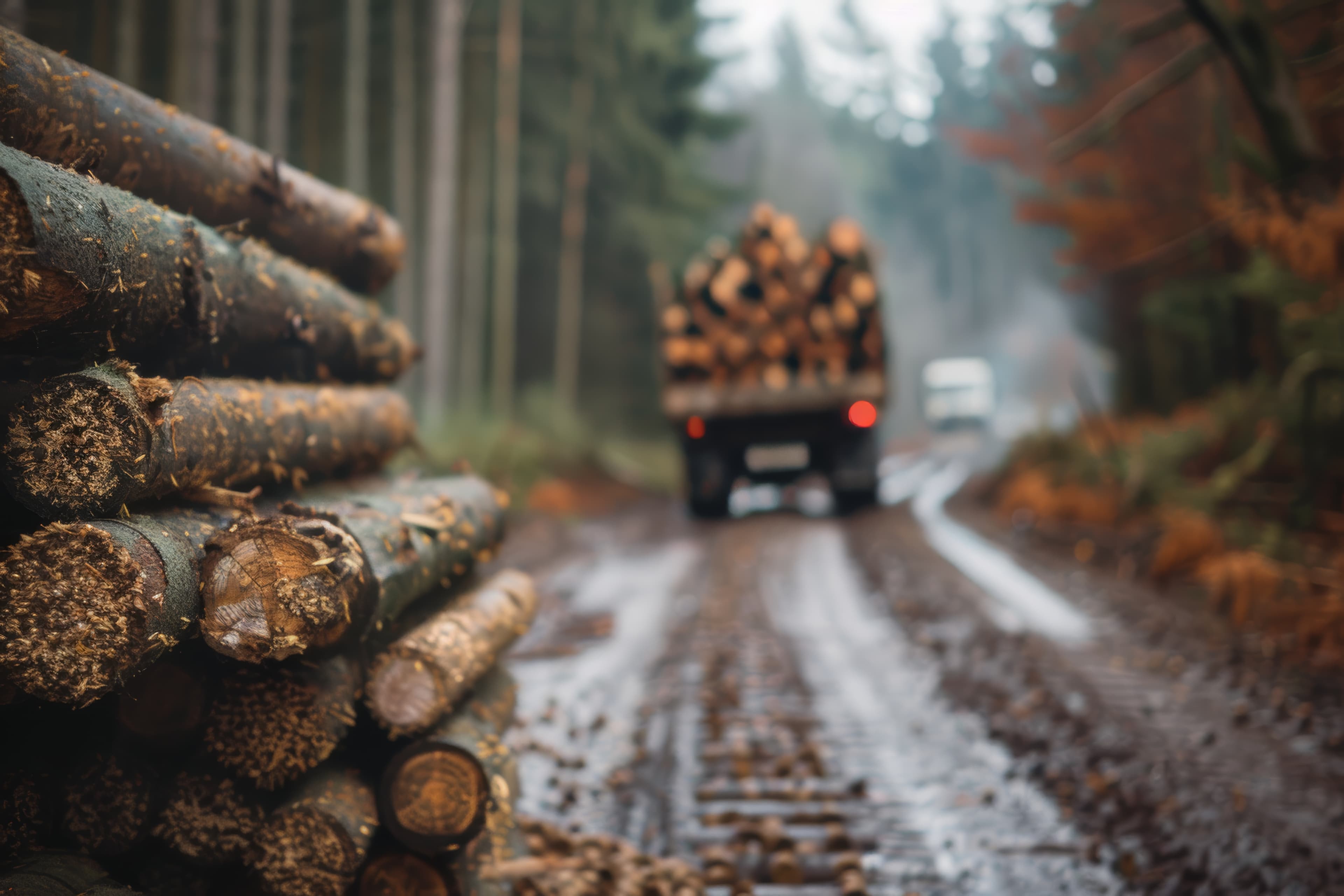 Timber transport truck hauling logs from forest, wooden pellets stacked in foreground