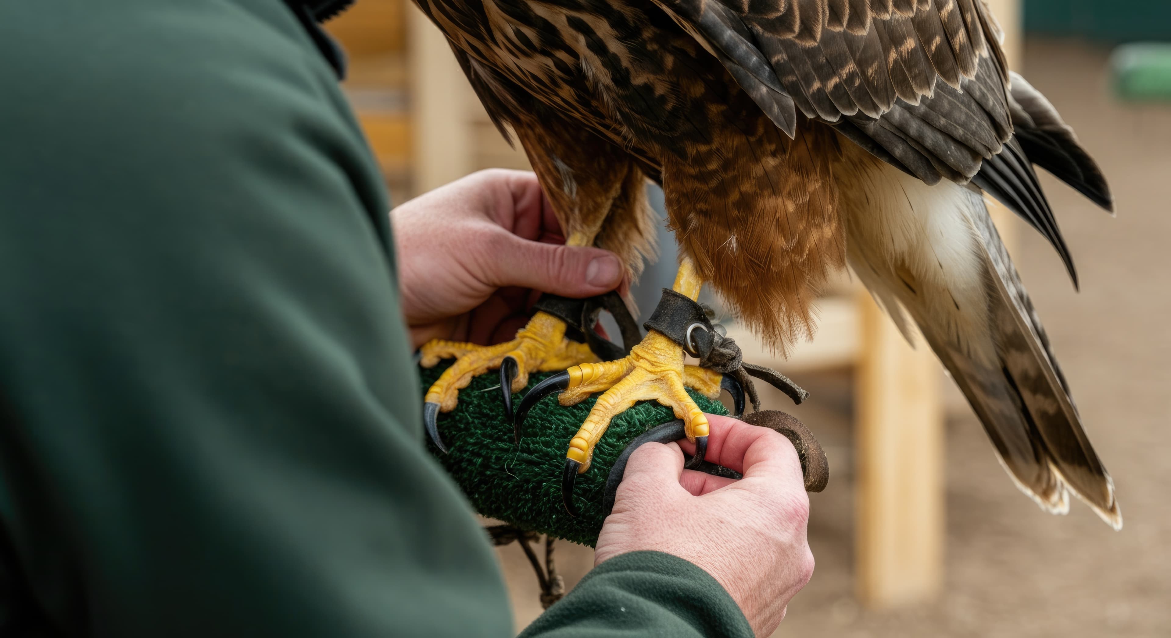 Close-up of person tying bird's equipment, showing falconry practice