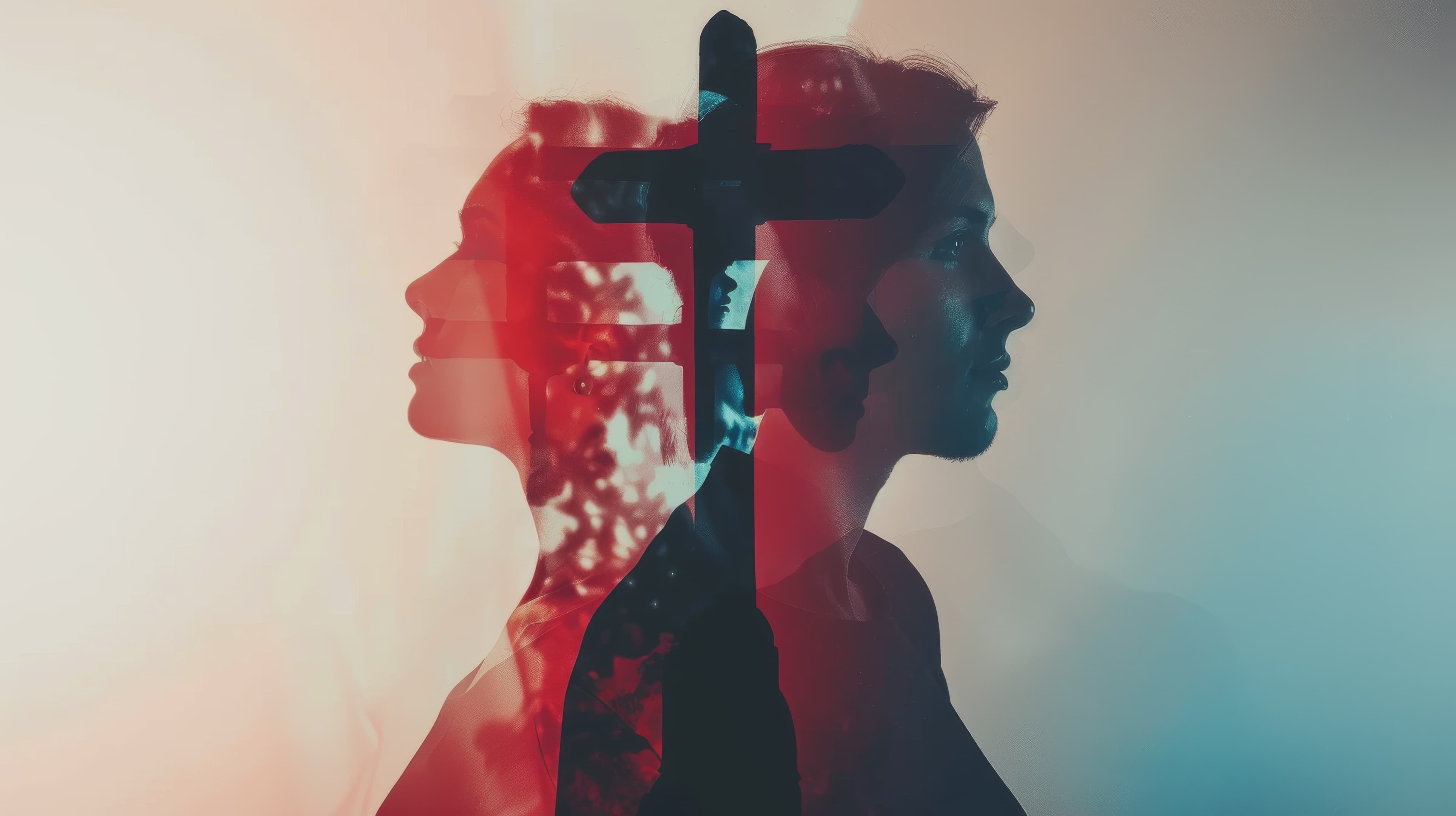 An exposure of a man and woman with wooden crosses and a controlling hand. Concept of control.