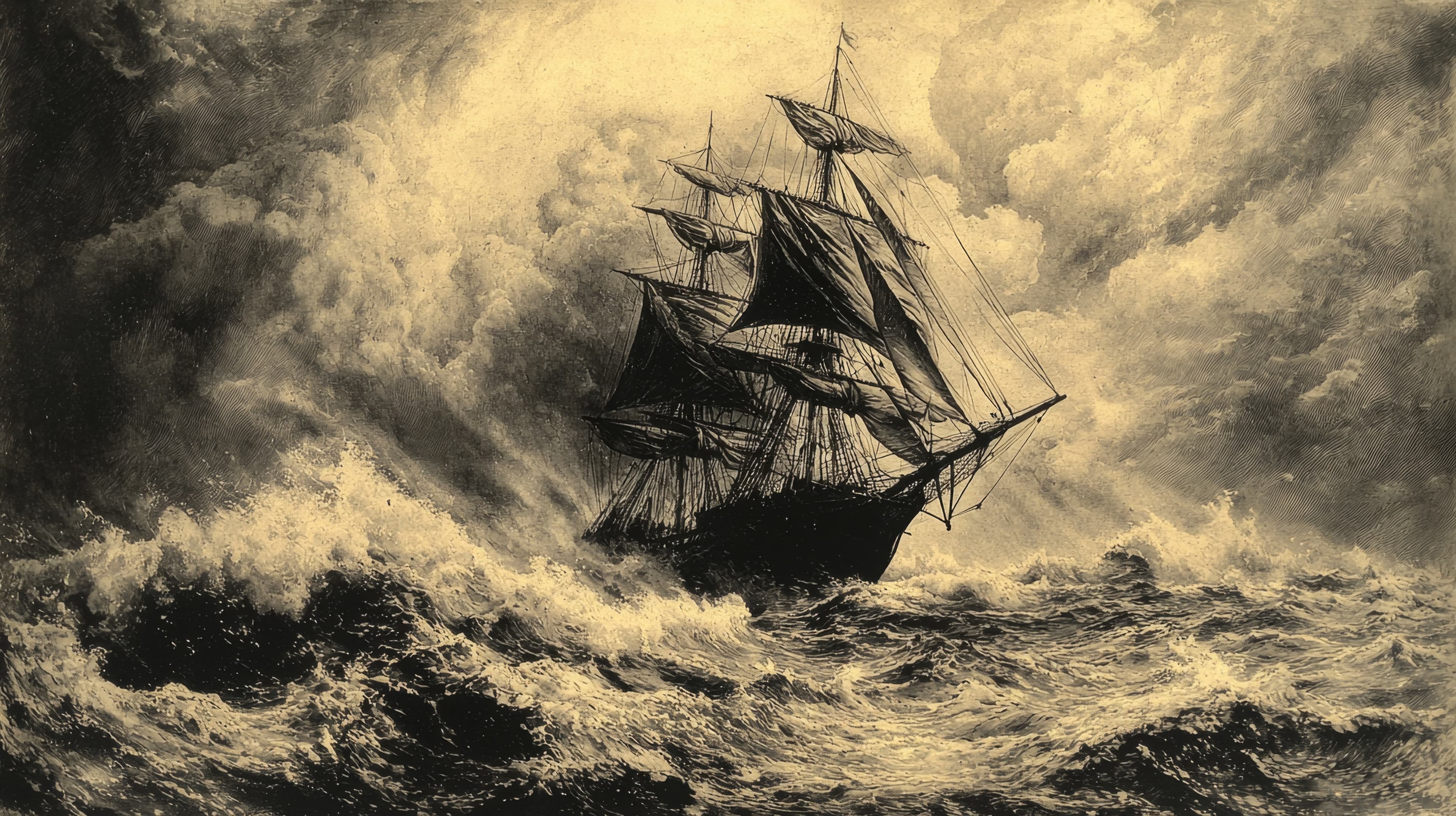 An old engraving of a sailing ship battling a storm at sea, with finely detailed rigging, sails, and turbulent waters to convey drama and movement