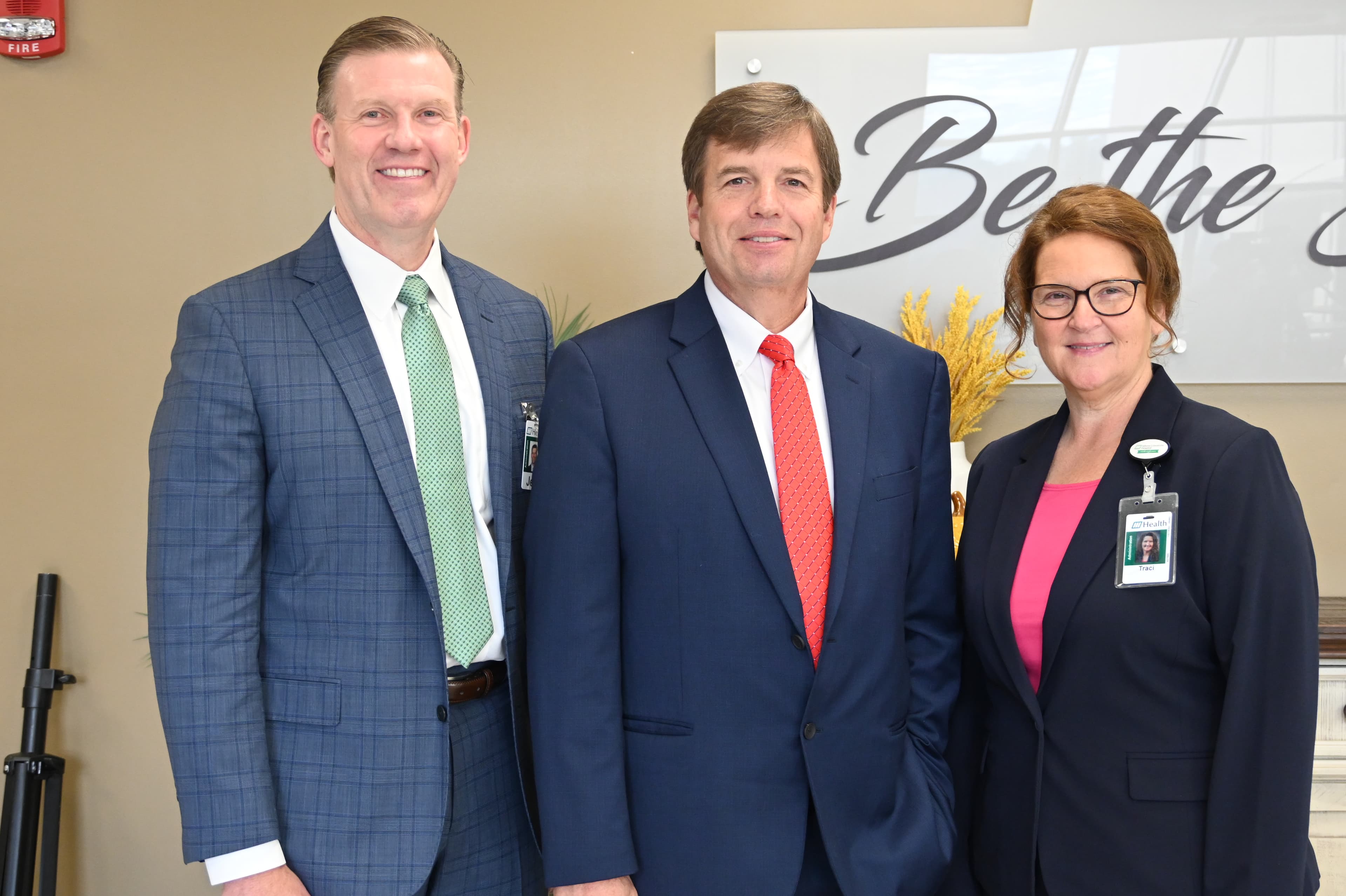 U.S. Rep. Dale Strong (center) alongside Huntsville Hospital Health System CEO Jeff Samz (left) and Athens-Limestone Hospital President Traci Collins (right).