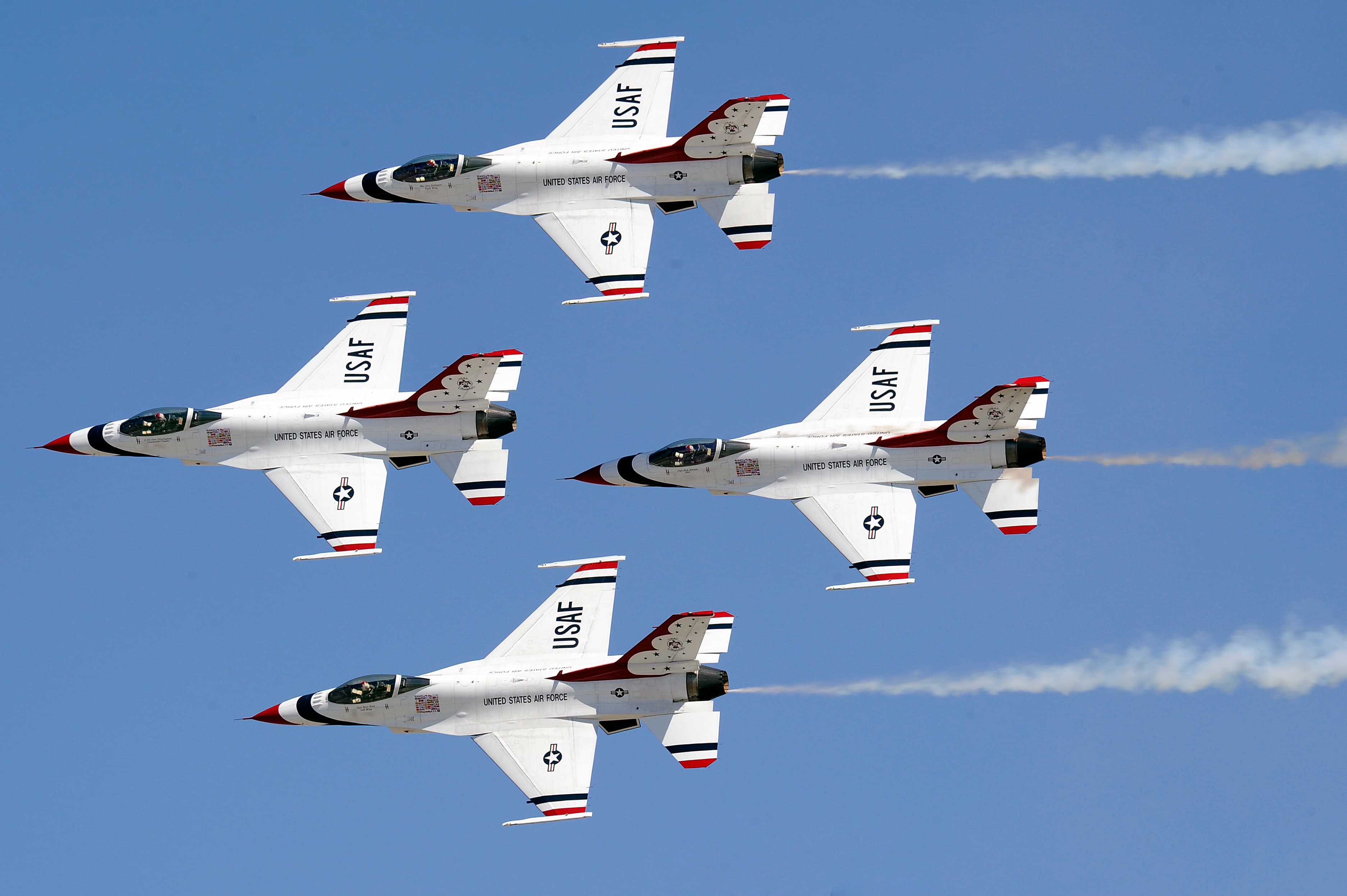 The U.S. Air Force Thunderbirds perform the "Diamond pass and review" at Travis AFB, California on July 30, 2011. (U.S. Air Force photo/Staff Sgt Richard Rose Jr.)