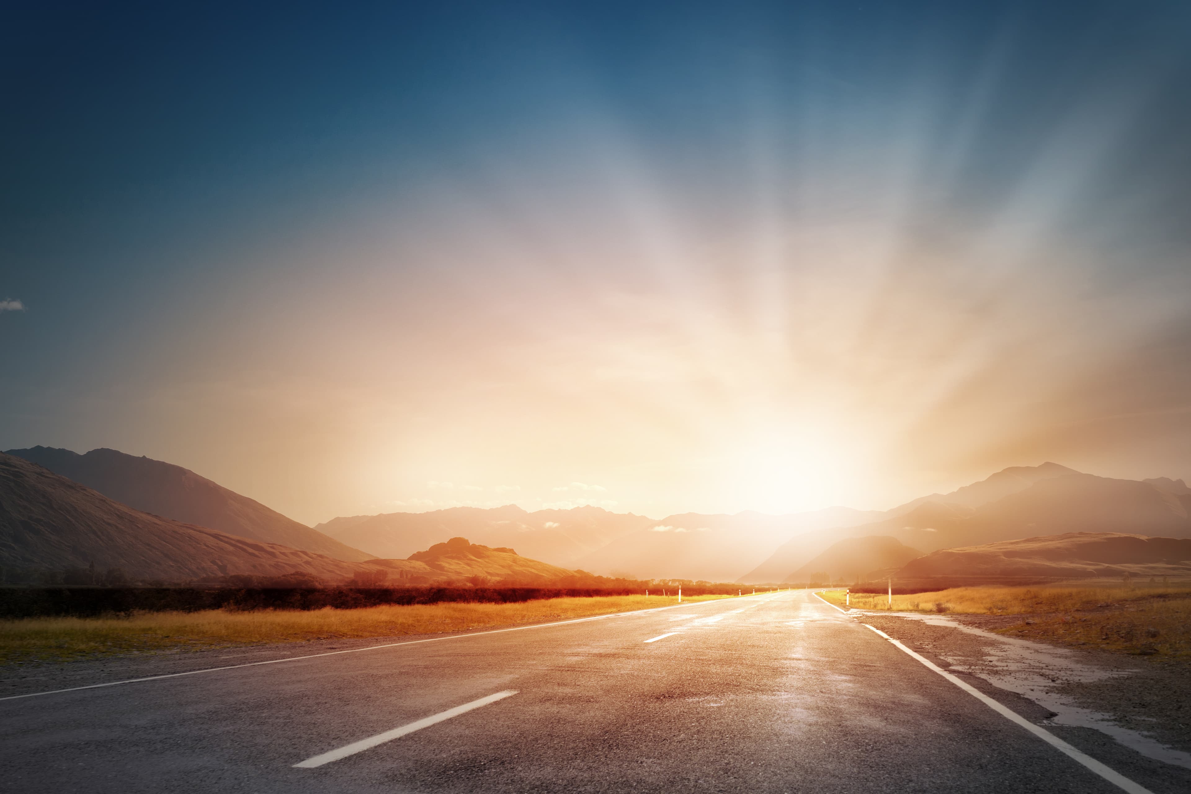 Nature landscape of sunset light above asphalt road