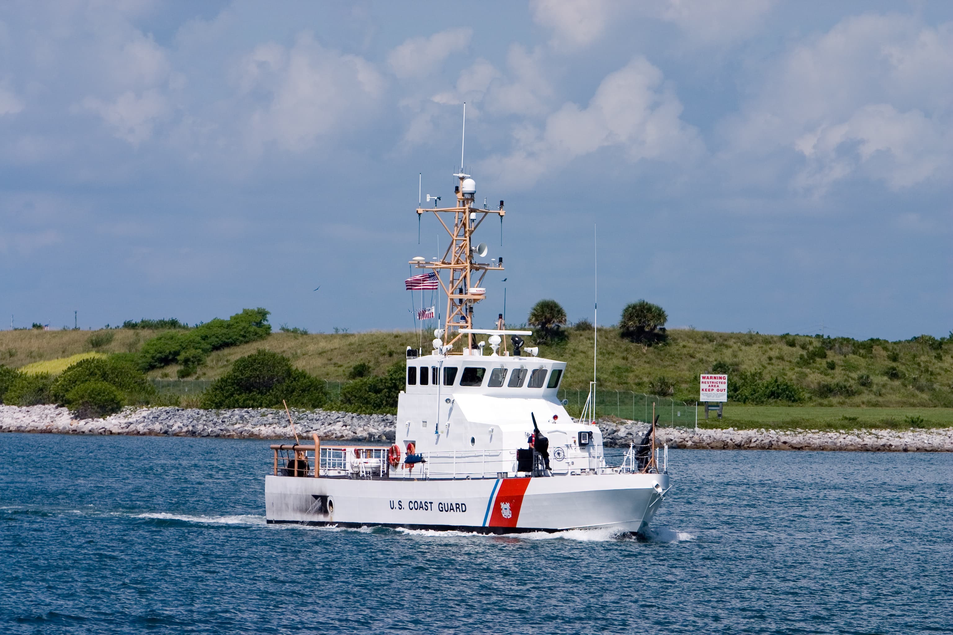 US Coast Guard boat on security patrol in sea port