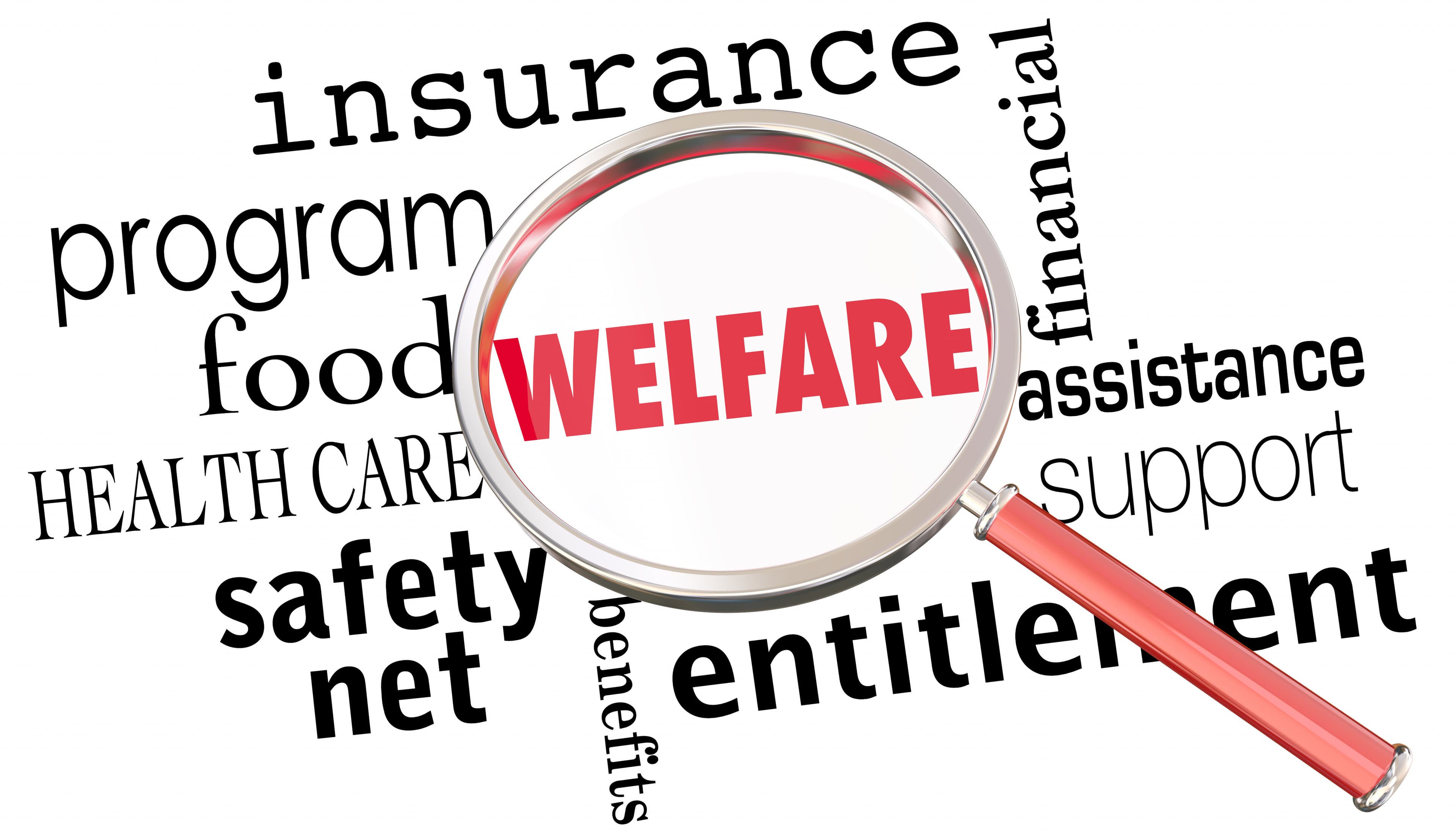 Welfare Magnifying Glass Government Entitlements Words 3d Render Illustration