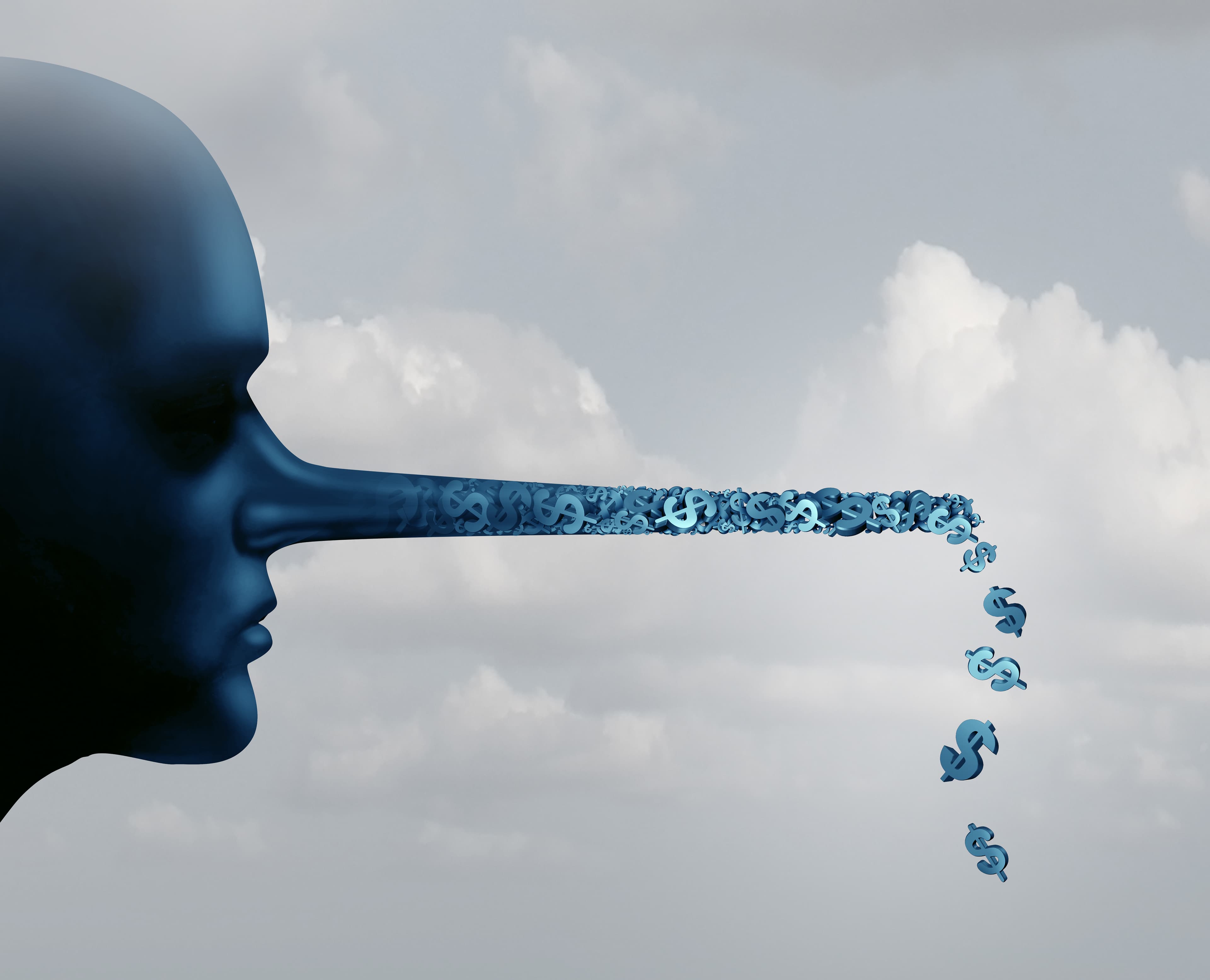 Business lies and financial deception in finance and economic dishonesty concept as a person with a long liar nose made of dollar signs with 3D illustration elements.