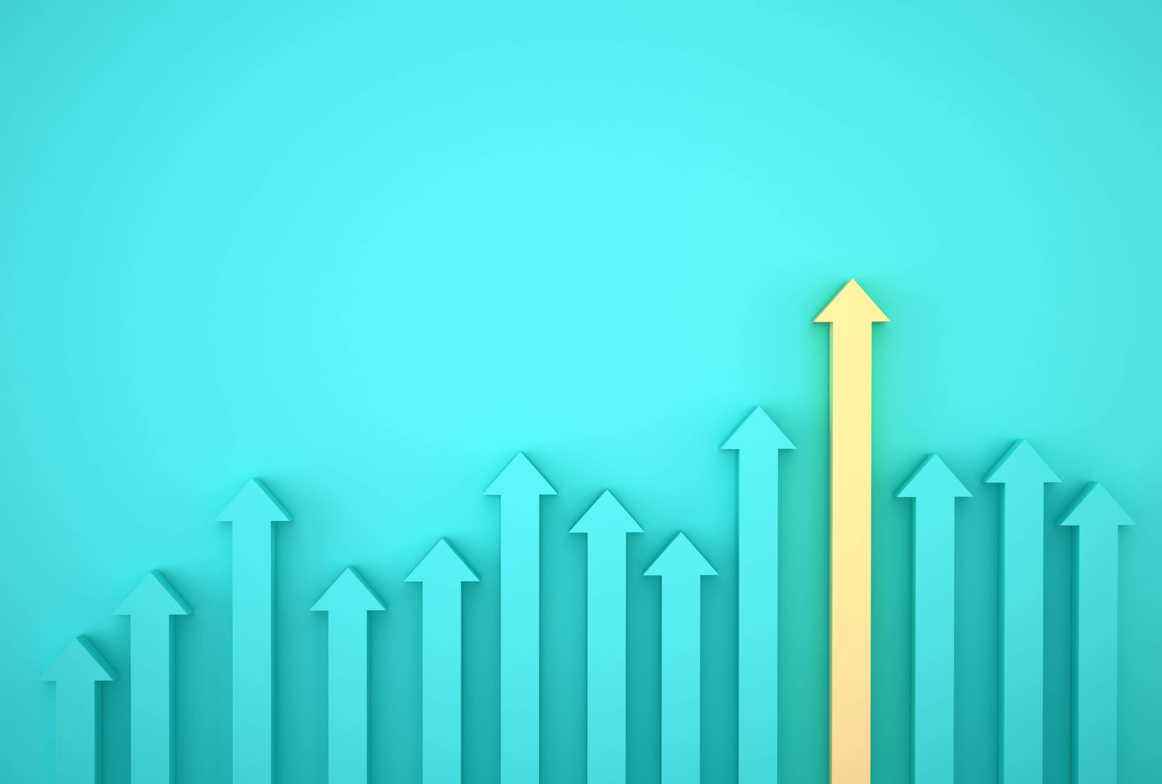 Abstract of yellow arrow graph on blue background, corporate future growth plan. Business development to success and growing growth concept.