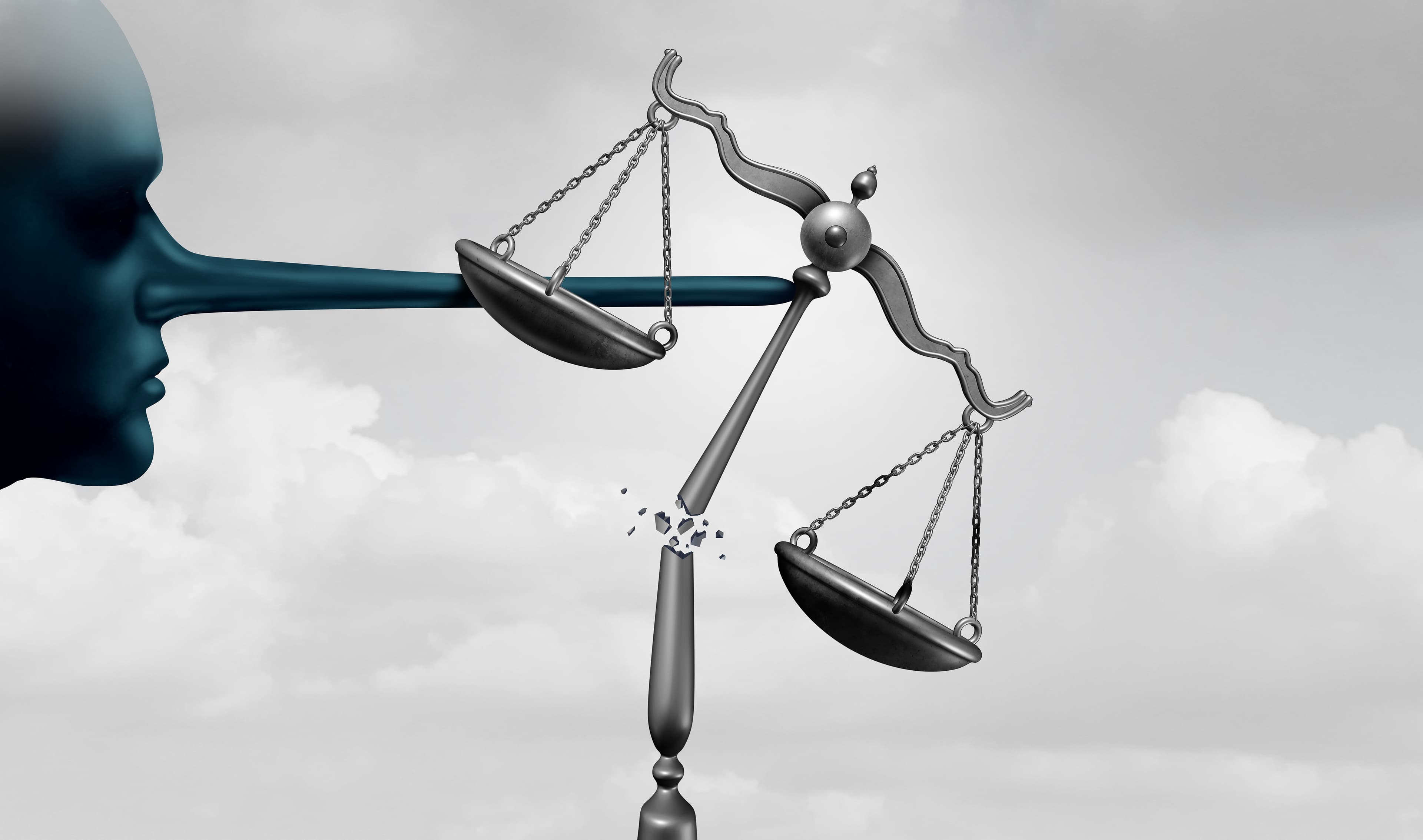 Criminal politicians and corrupt politics concept as a political lier with a long lying nose as government corruption and dishonesty metaphor and comitting perjury or criminal acts with 3D illustration elements.