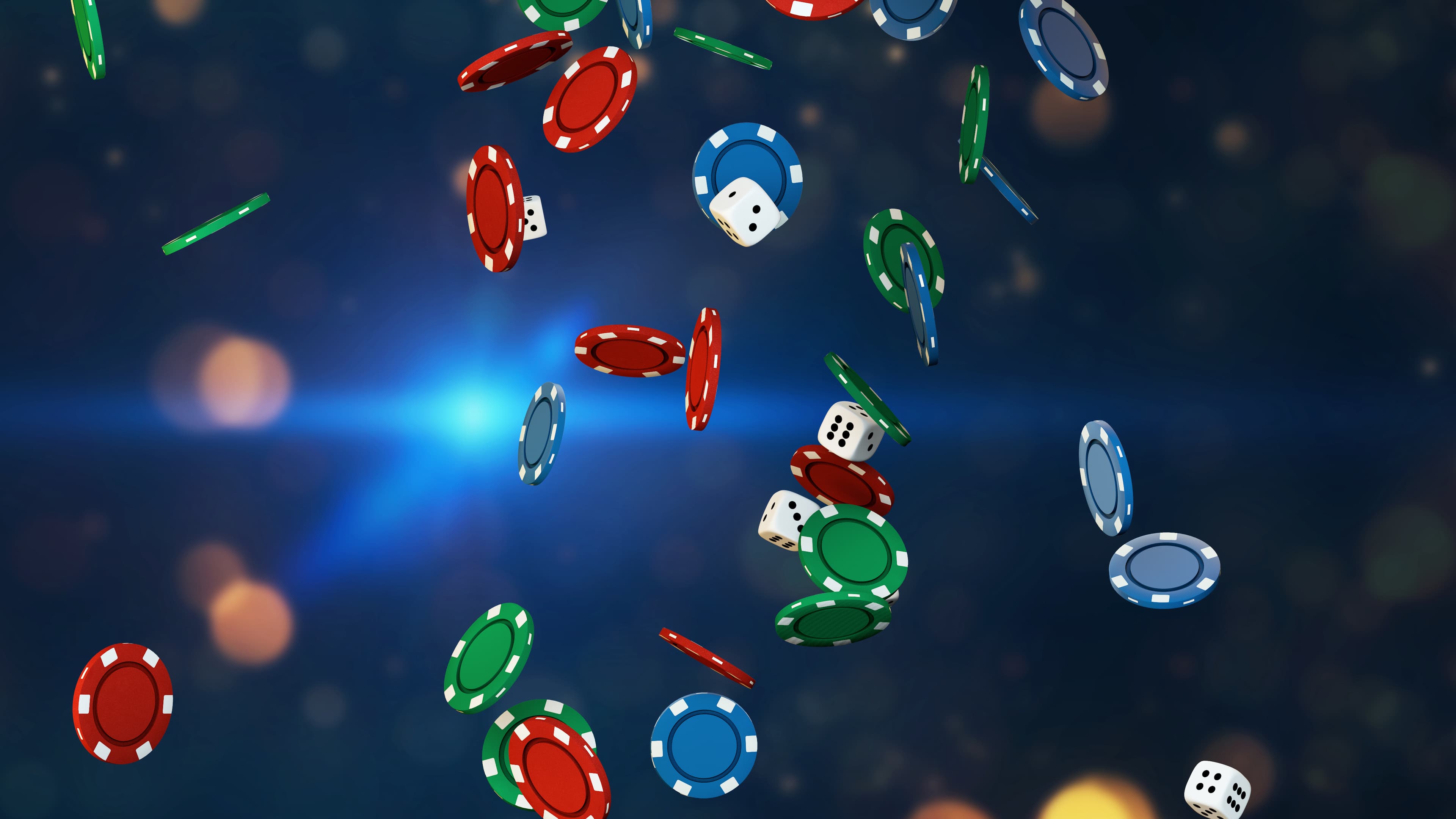 3D Illustration of difference casino chips and dices. Falling on colorful background.
