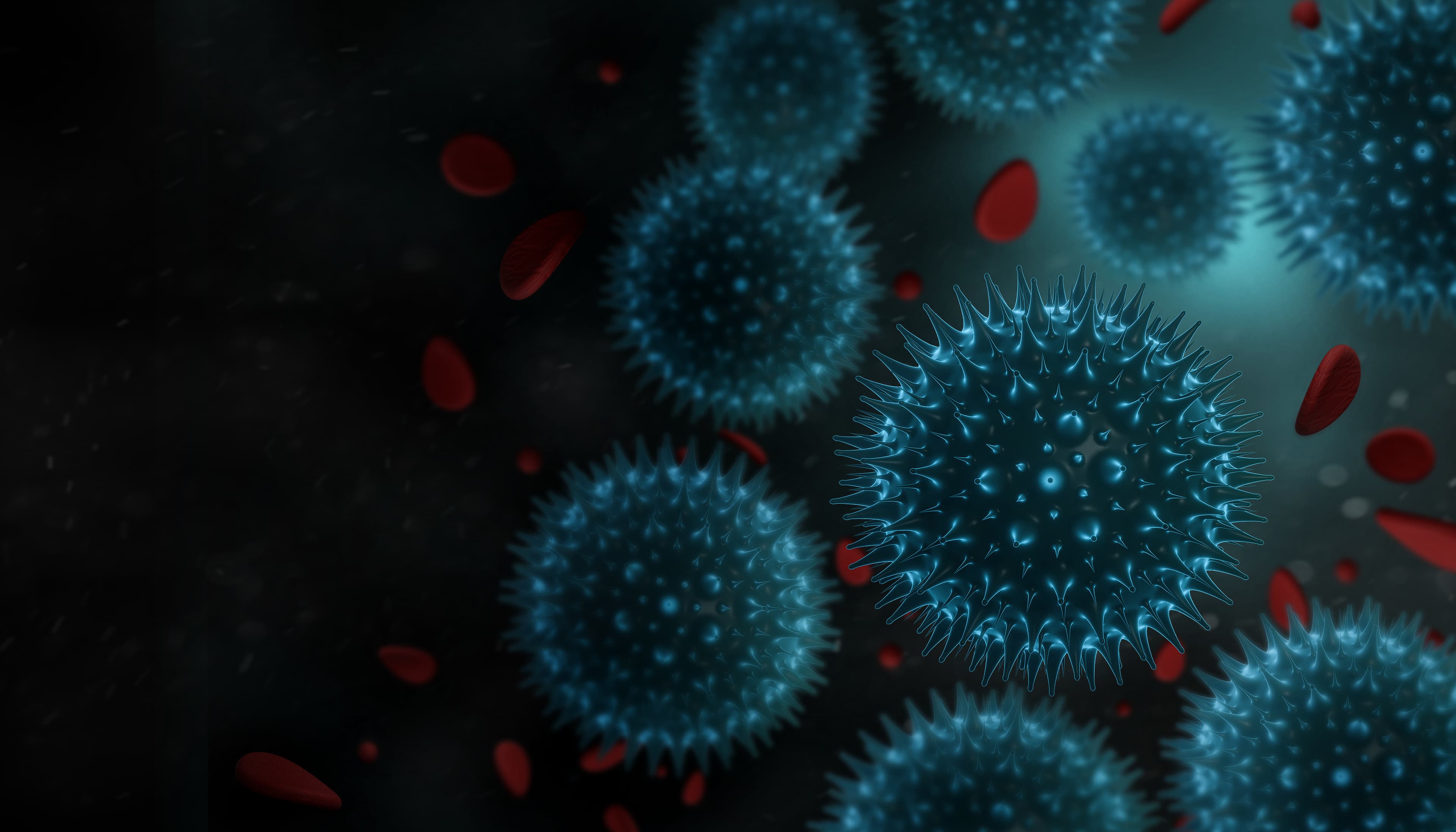 3d rendered Virus in red Blood Stream cell in black background. Coronavirus concept resposible for asian flu outbreak and coronaviruses influenza as dangerous flu strain cases as a pandemic.