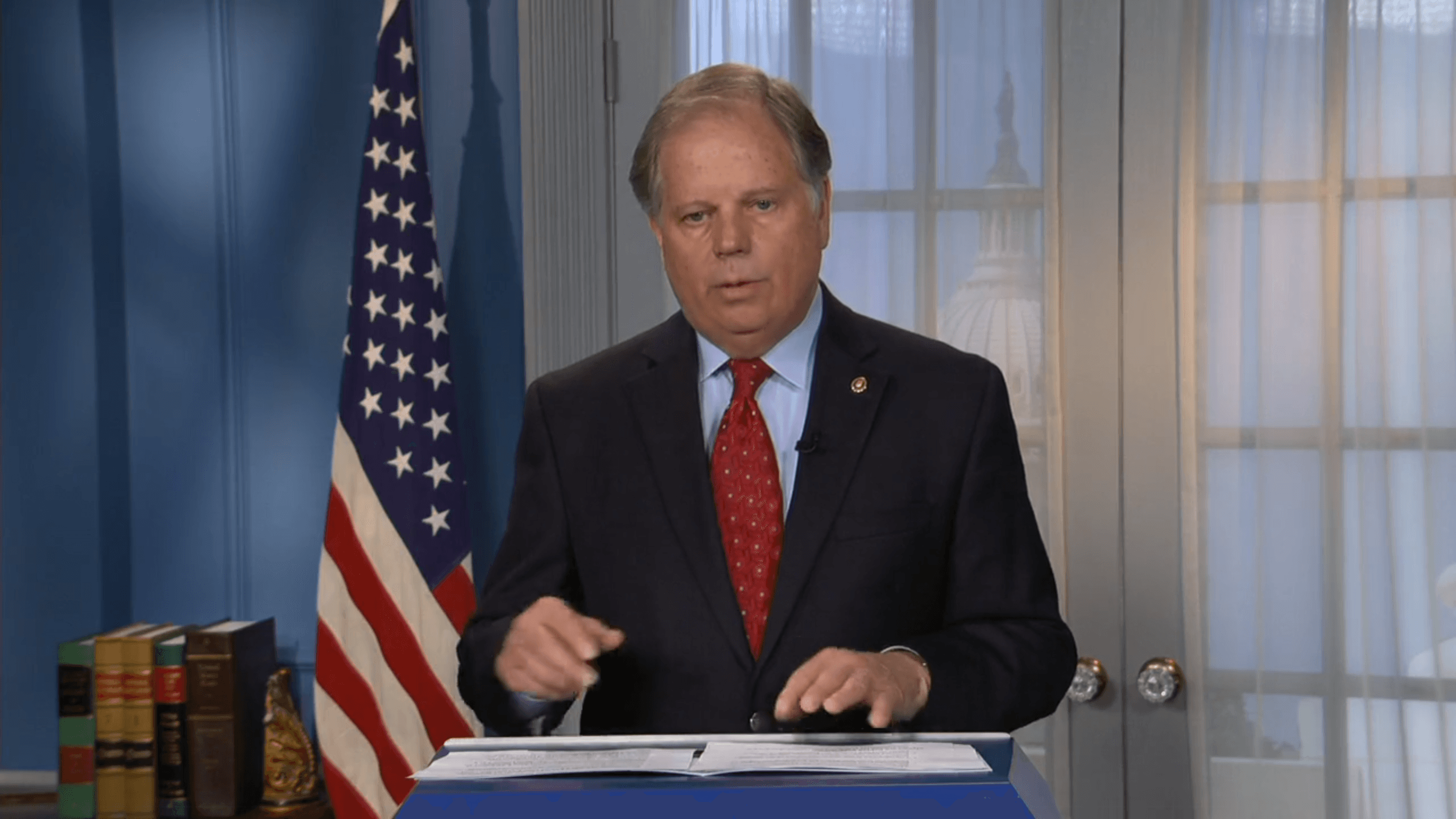 U.S. Sen. Doug Jones during a livestreamed press briefing. (OFFICE OF SEN. DOUG JONES/FACEBOOK)