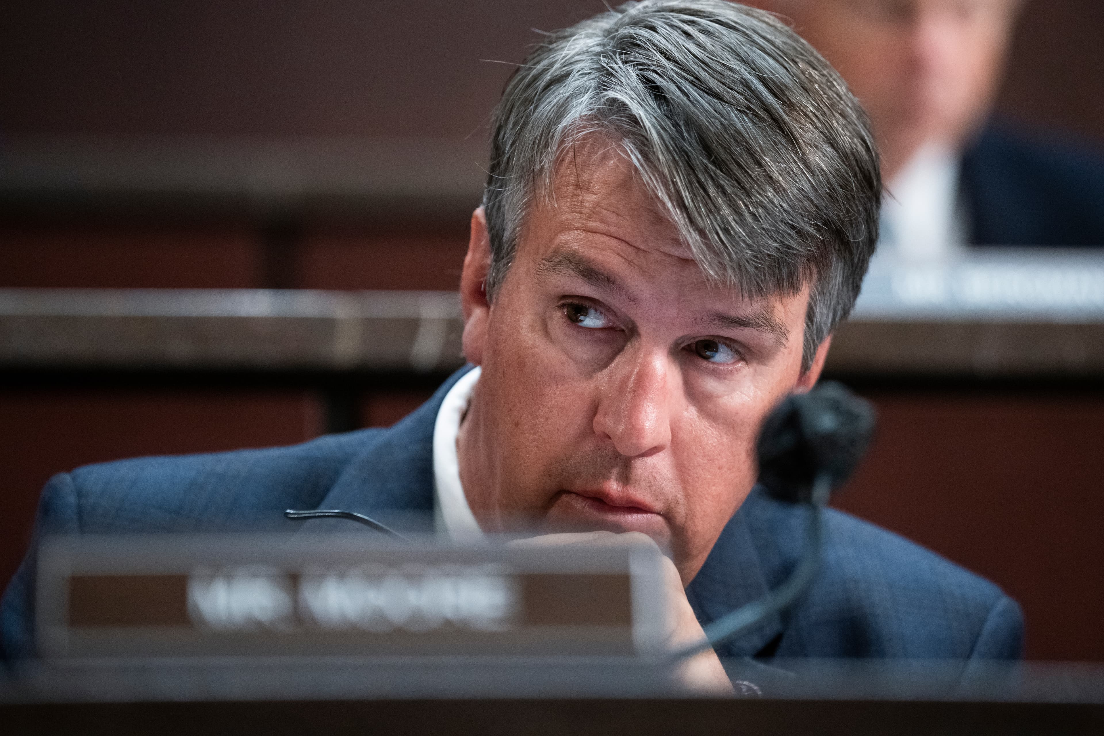 Rep. Barry Moore, R-Alabama, listens to Denis McDonough, secretary of Veterans Affairs, testify during the House Veterans' Affairs Committee hearing titled "U.S. Department of Veterans Affairs Budget Request for FY2023," in the Capitol Visitor Center on Thursday, April 28, 2022.