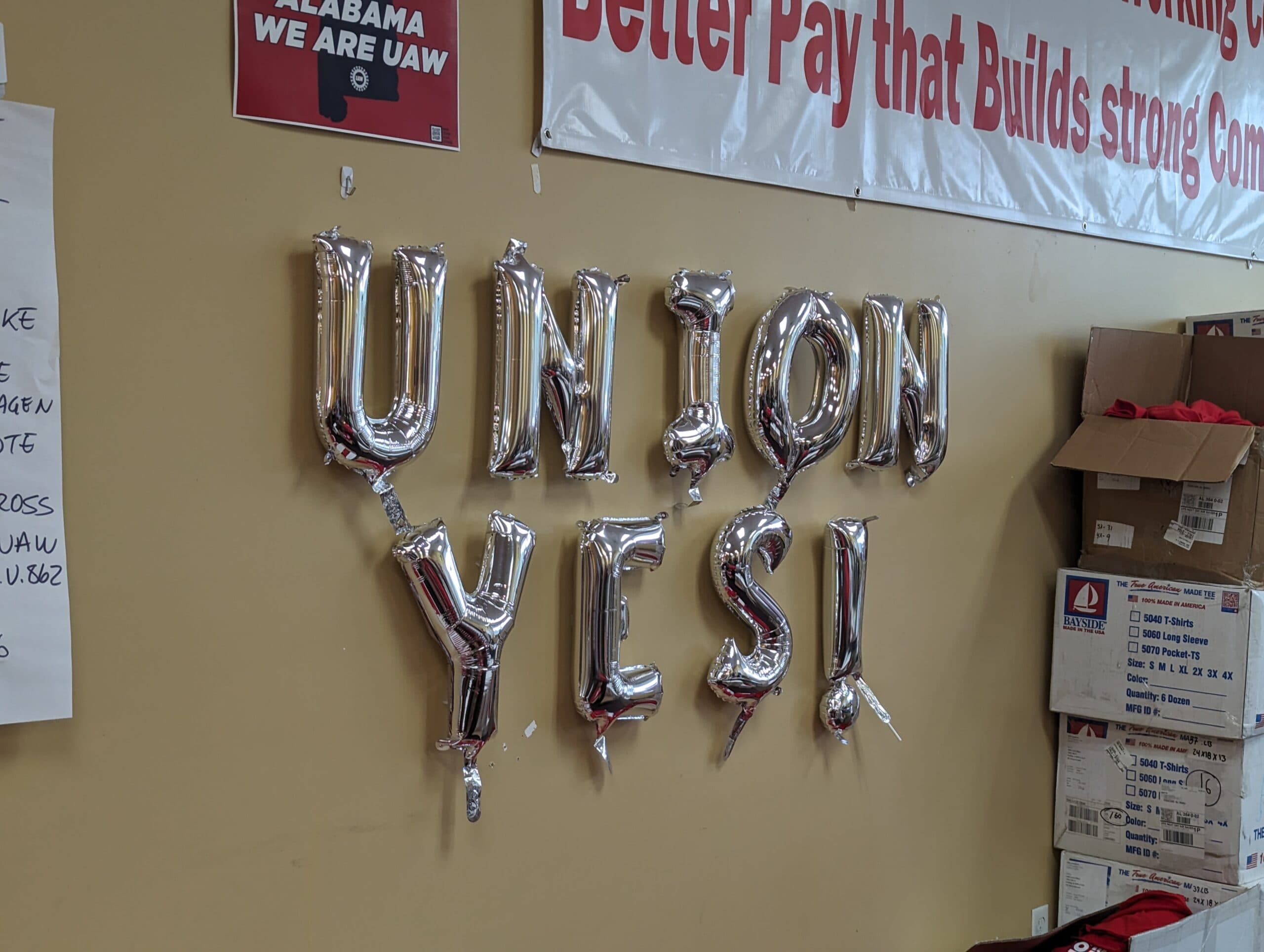 Balloons at the UAW Local 112 headquarters spell out "Union yes!"