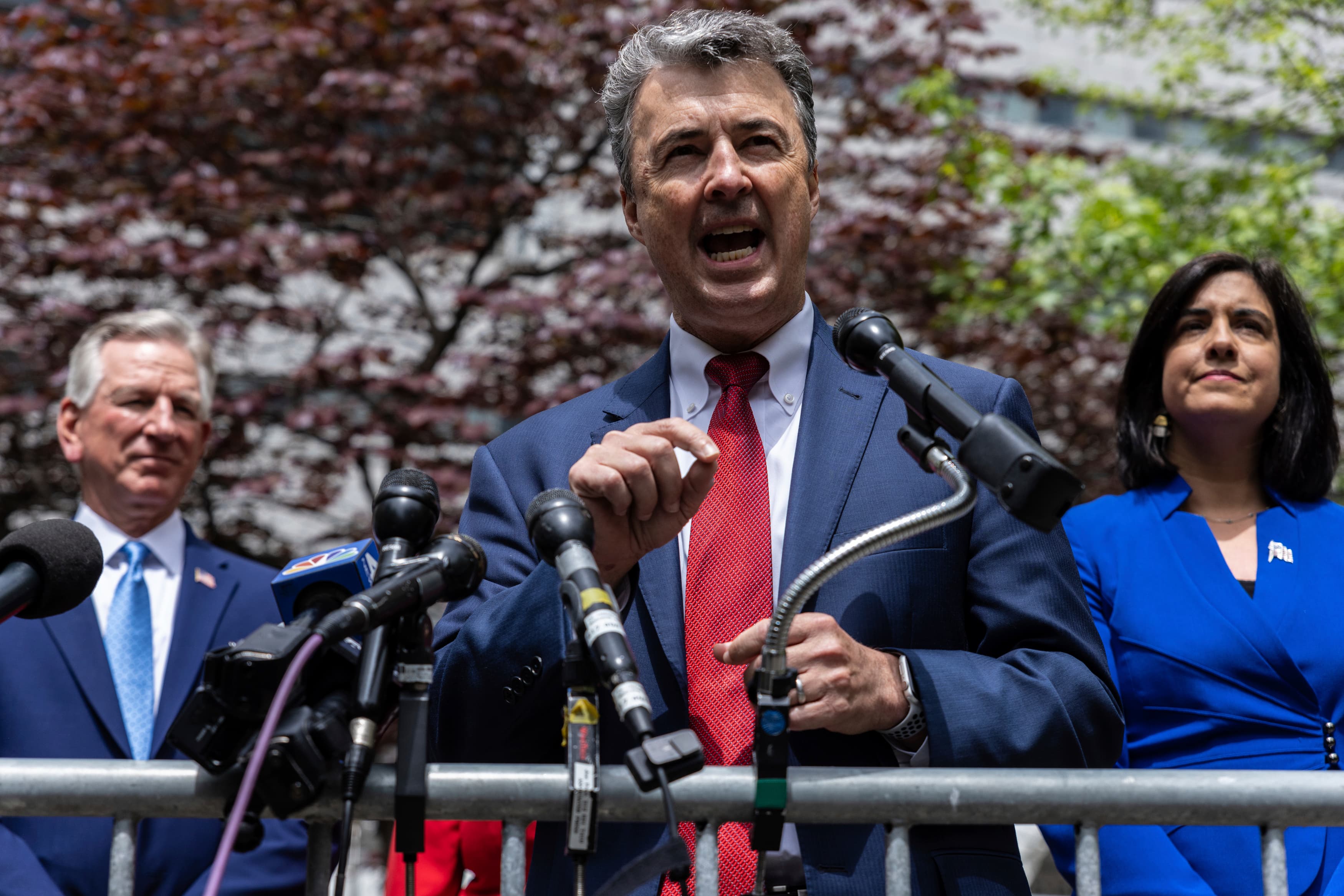 Alabama Attorney General Steve Marshall with Sen. Tommy Tuberville, R-Ala., left, and Rep. Nicole Malliotakis, R-N.Y.,right, speaks at a press conference across the street from the Manhattan criminal court, Monday, May 13, 2024, in New York. Trump was accompanied to court Monday by some of his top congressional surrogates, including U.S. Sens. Tommy Tuberville and JD Vance of Ohio. (AP Photo/Stefan Jeremiah)