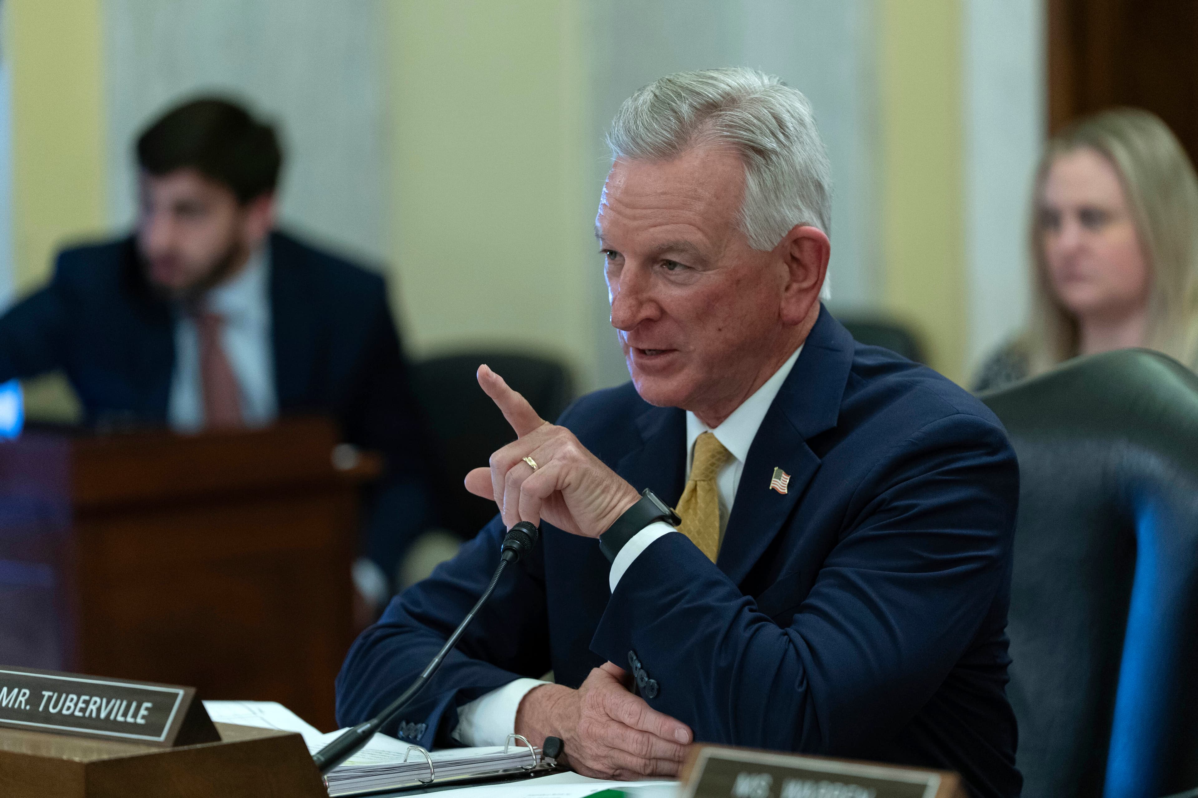 Sen. Tommy Tuberville, R-Ala., during a Senate Committee on Armed Services - Subcommittee on Personnel oversight hearing to examine the status of the Military Service Academies on Capitol Hill in Washington, Wednesday, March 26, 2025.