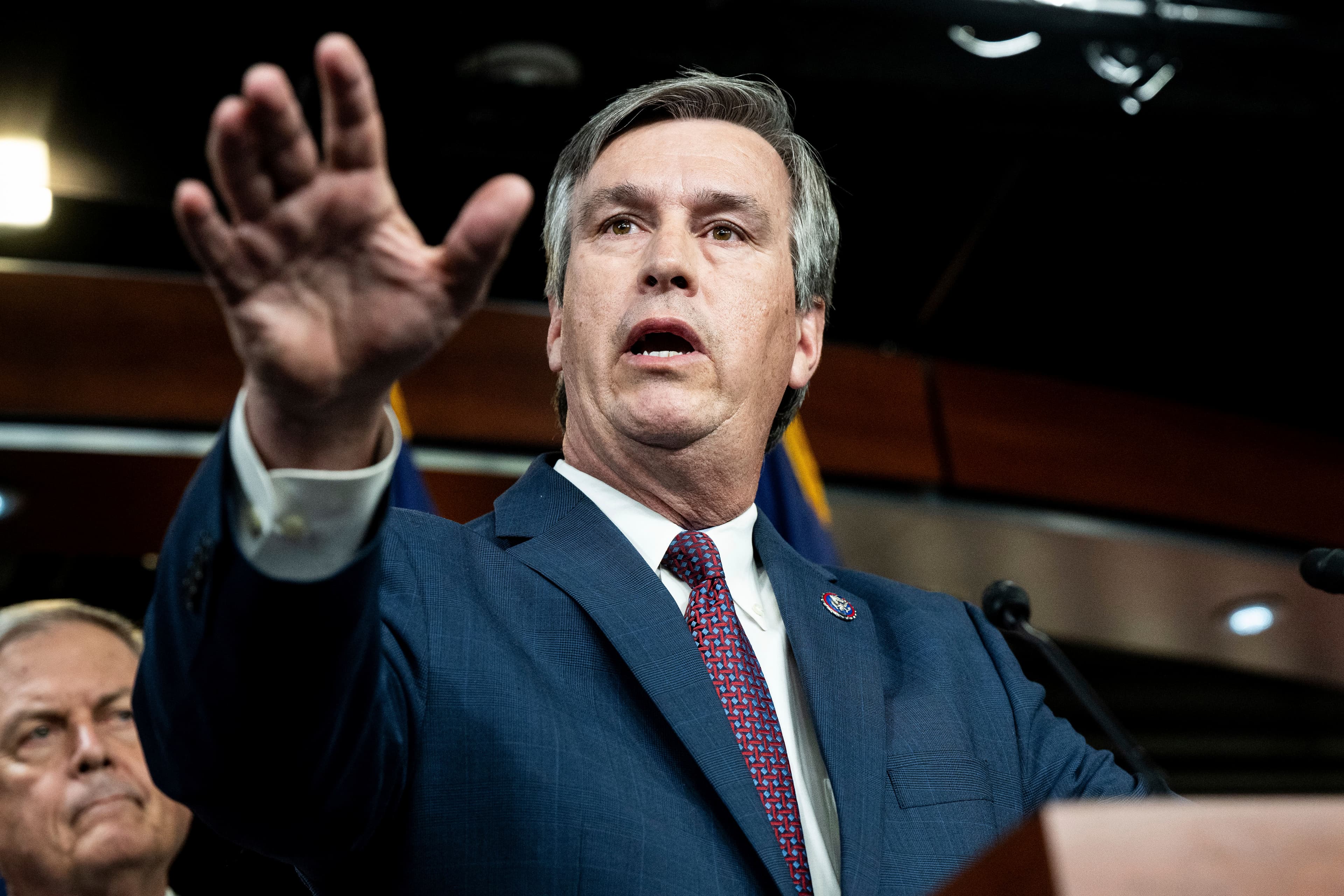 U.S. Representative Barry Moore, R-Ala., speaking at a House Freedom Caucus press conference about FISA (Foreign Intelligence Surveillance Act) reauthorization at the U.S. Capitol.