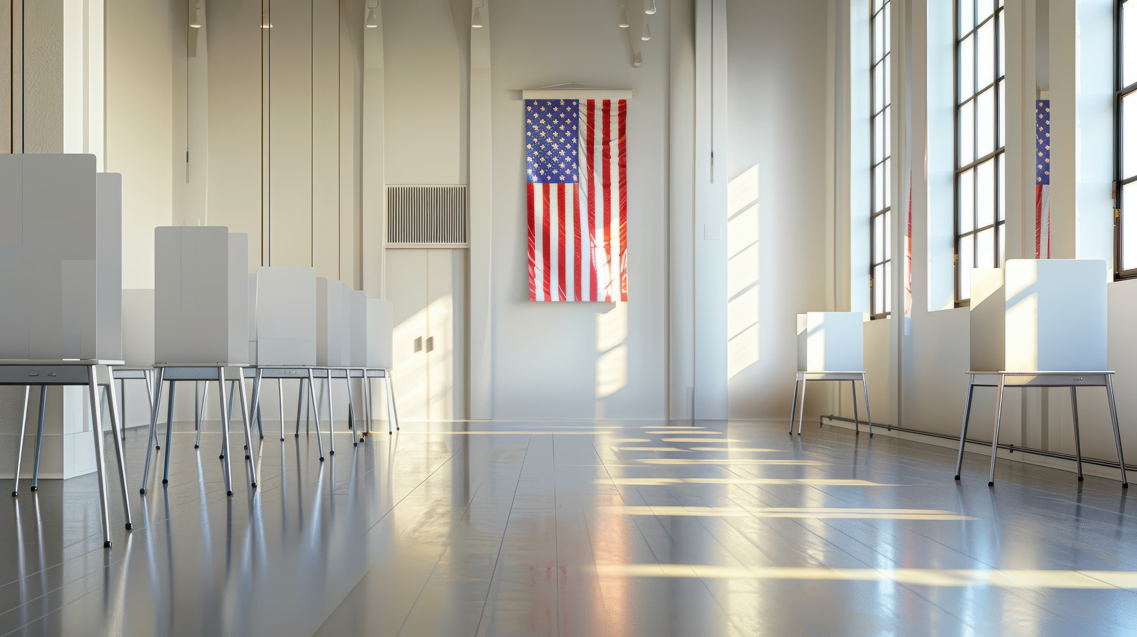 Interior of an empty polling place in the US. Row of empty white voting booths with American flags at the ballot station. Elections in the USA, democracy concept r