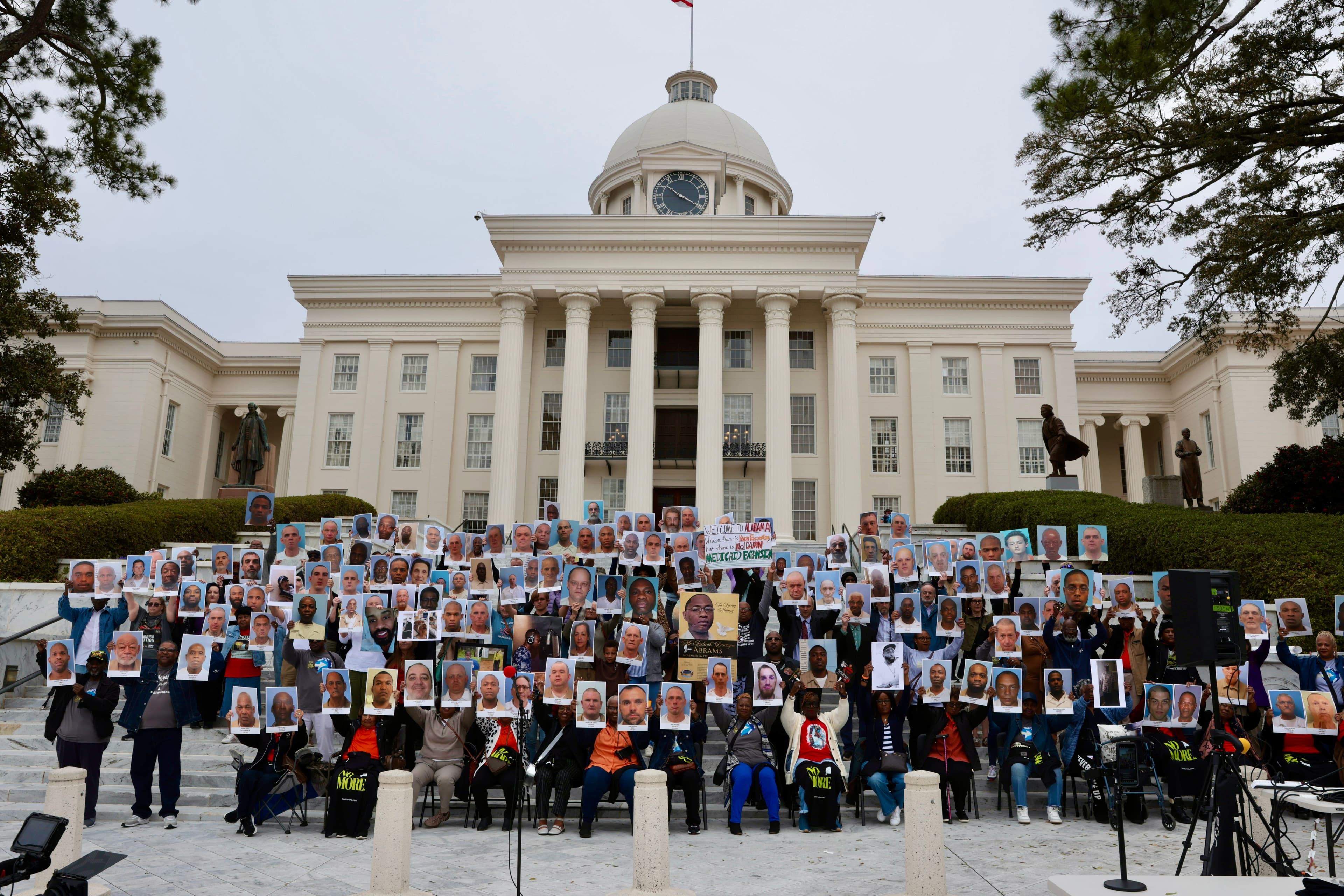 Hundreds gather at the Alabama State Capitol for a vigil and demonstration against inhumane conditions in Alabama prisons.
