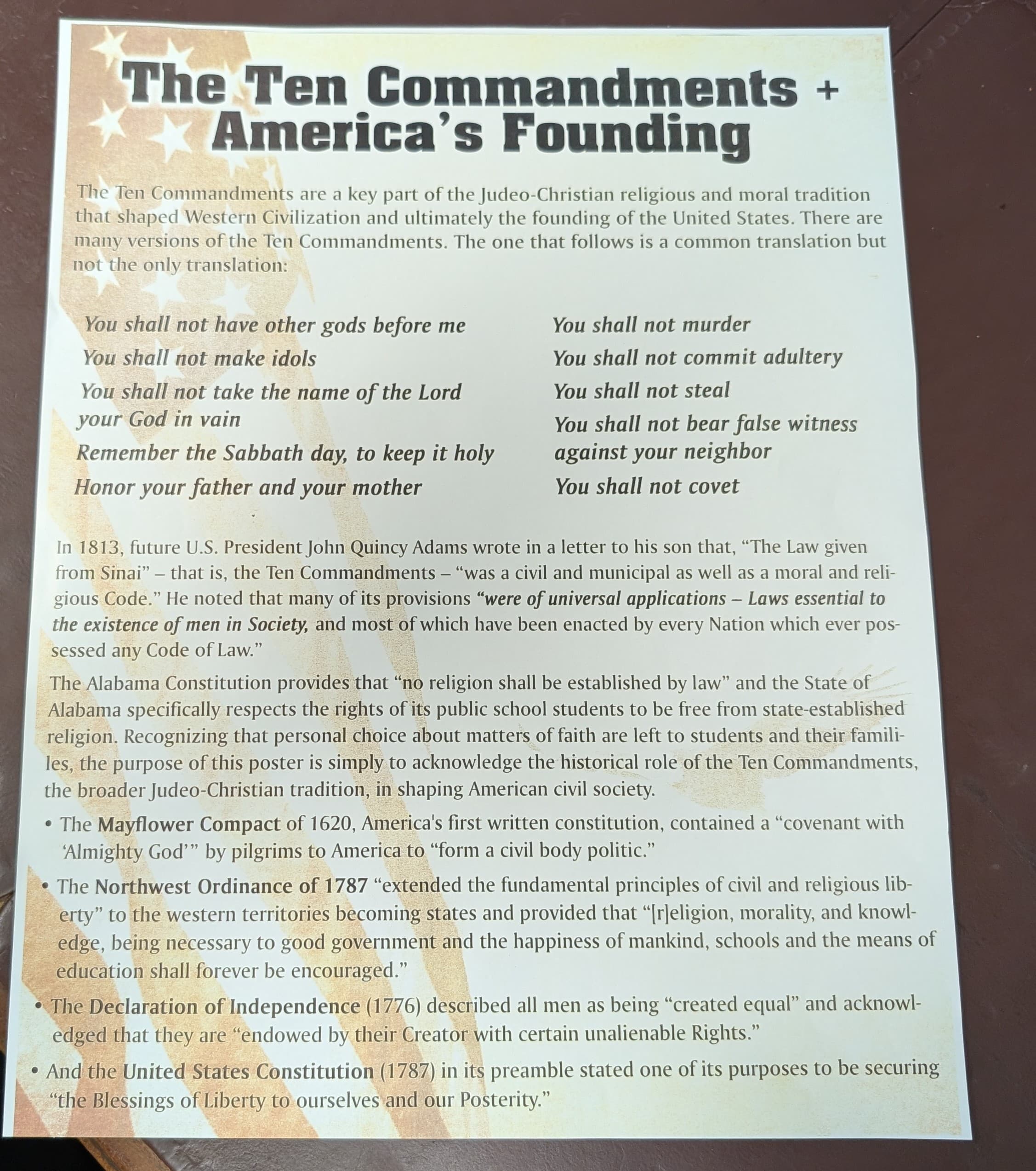 A copy of the 10 Commandments display proposed by HB216 given to House Education Policy Committee members.
