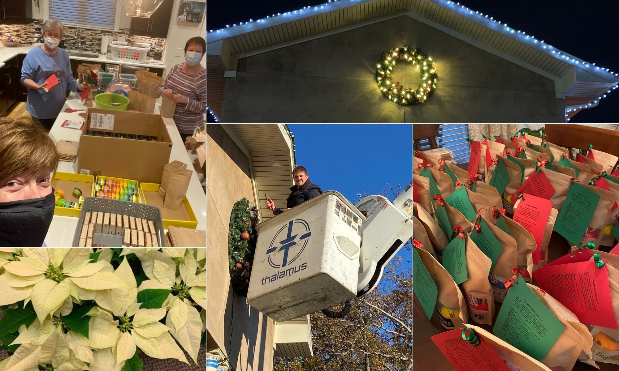 Elves at Mill Lakes, arbor springs festive entrance, caregiver survival kits, Thalamus owner Allen Conradi hangs wreath and Opelika High School poinsettias. (CONTRIBUTED BY ARBOR SPRINGS)