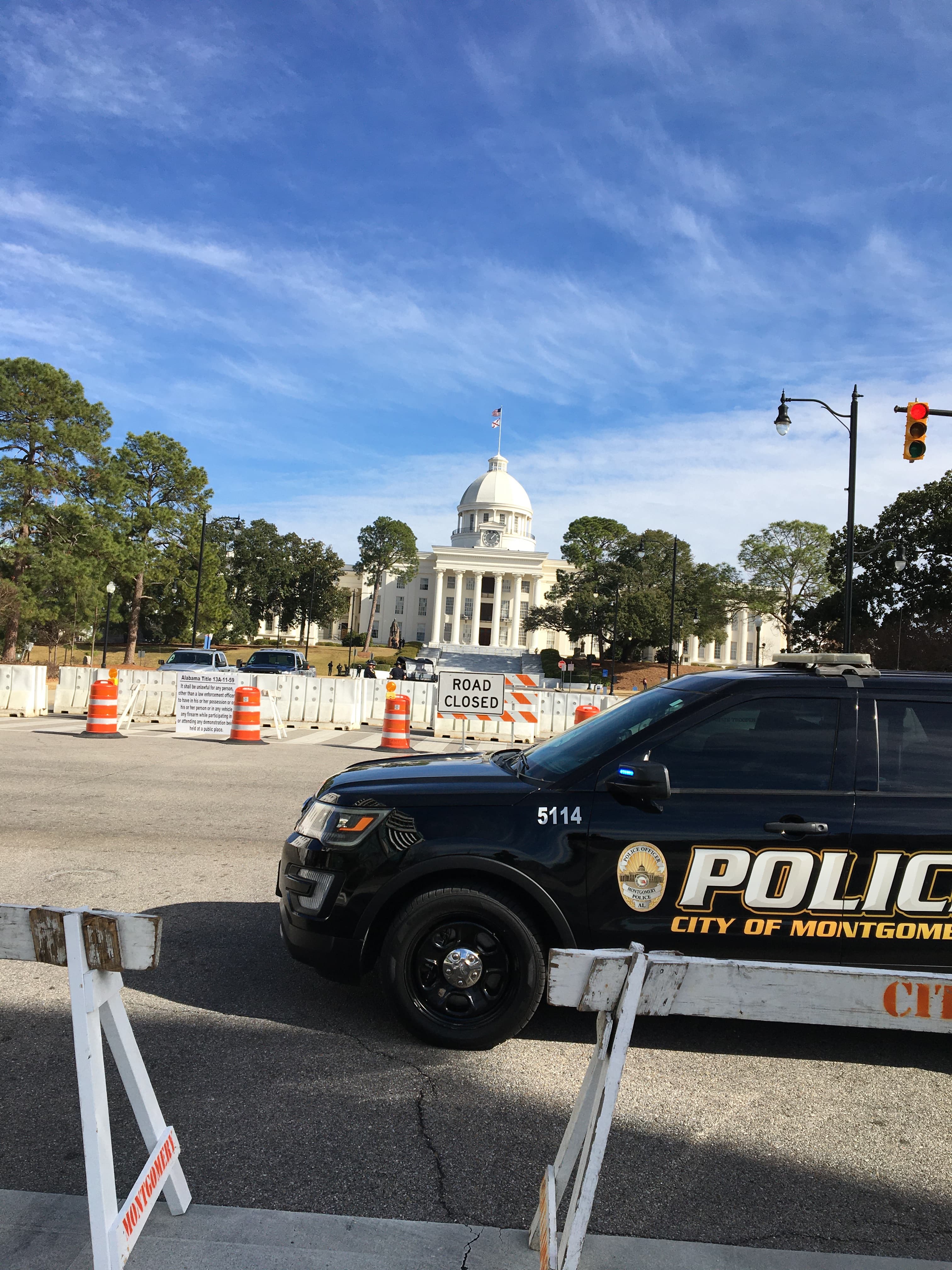 Streets surrounding Alabama's Capitol were blocked off on Sunday in preparation for possible far-right protestors. (EDDIE BURKHALTER/APR)