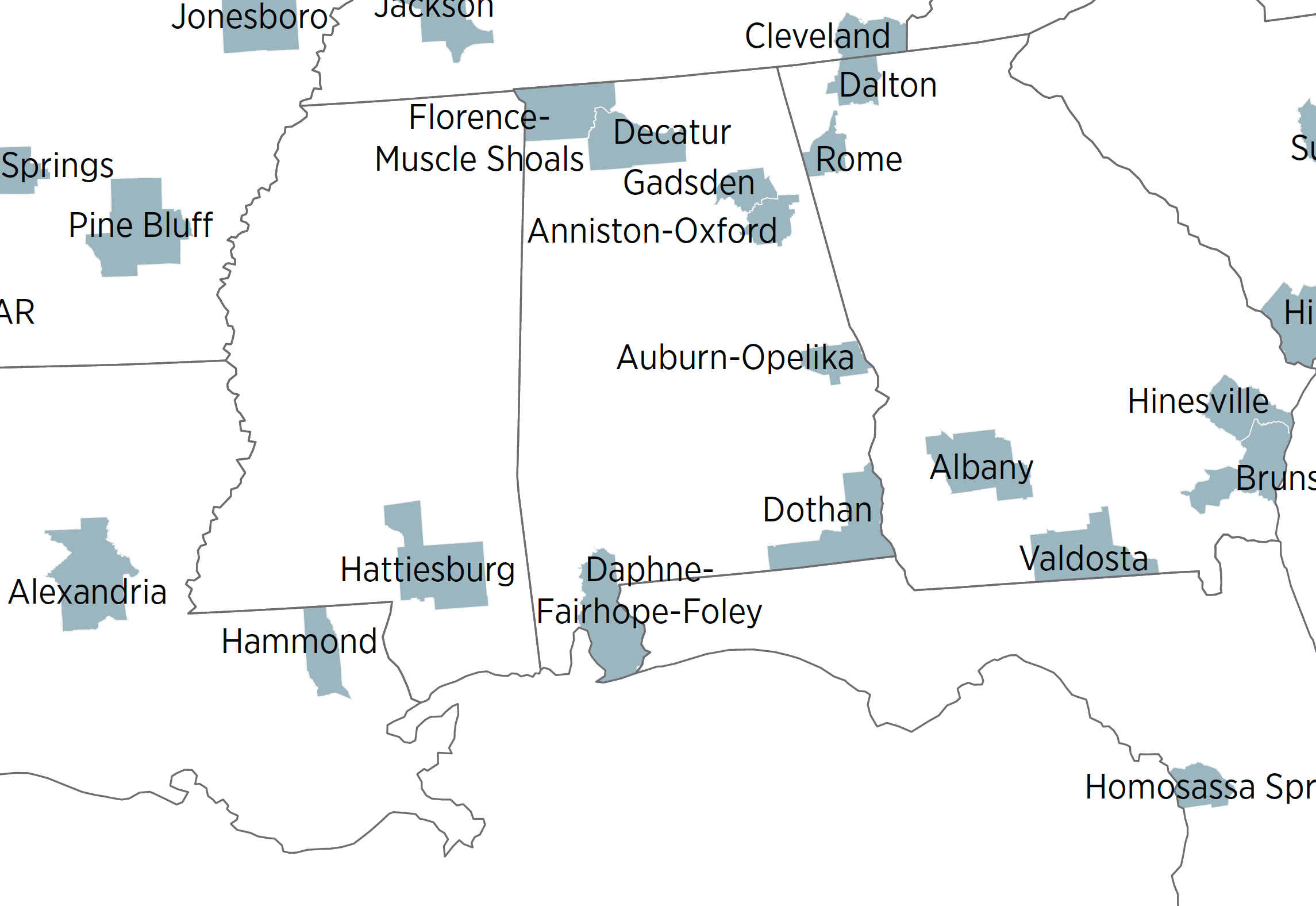 Seven Alabama Metropolitan Statistical Areas could have lost MSA designation under the proposed rule. (FEDERAL REGISTER/OFFICE OF MANAGEMENT AND BUDGET)