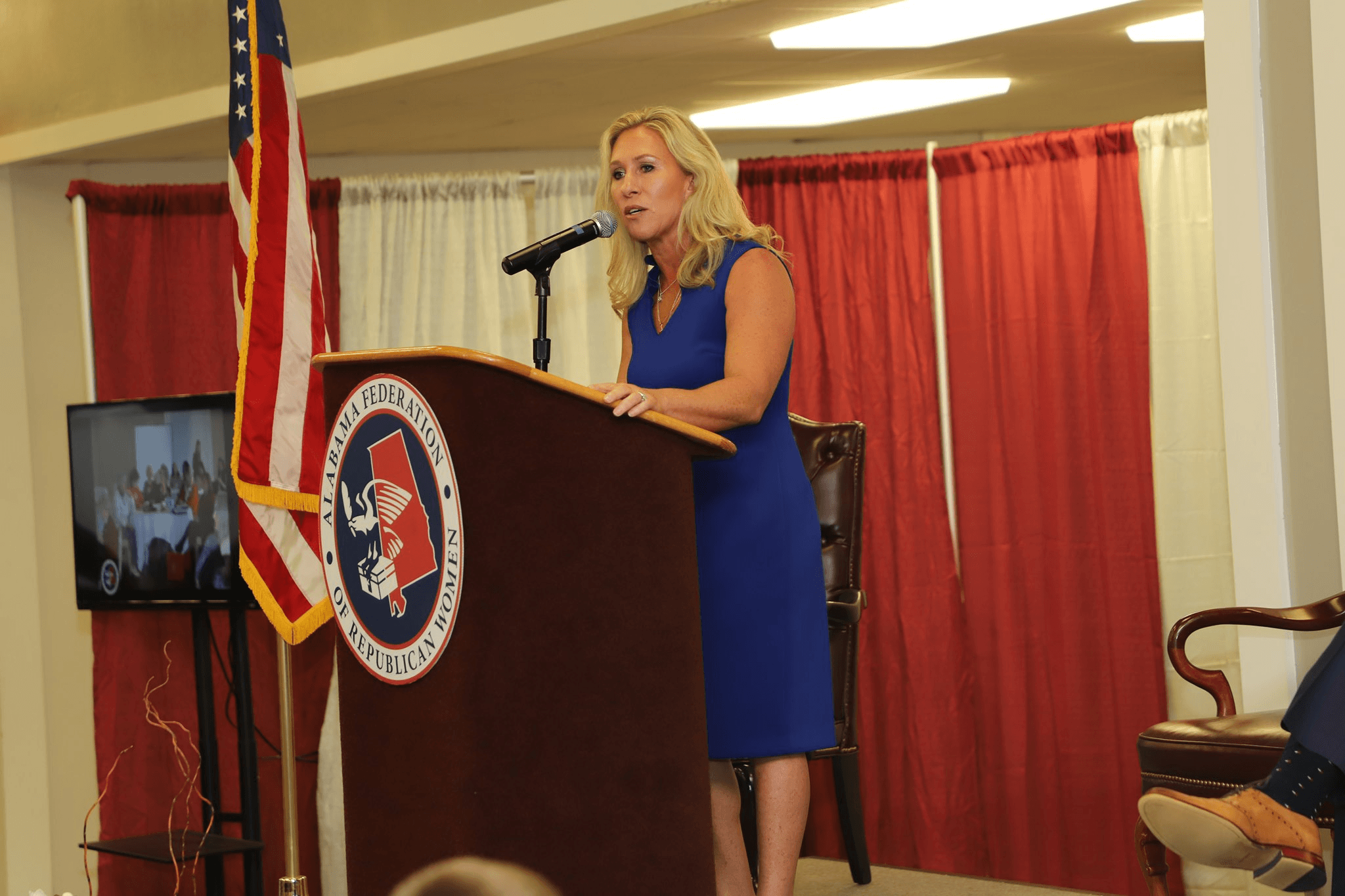 Marjorie Taylor Greene speaking at the Alabama Federation of Republican Women event. (Grady Thornton)