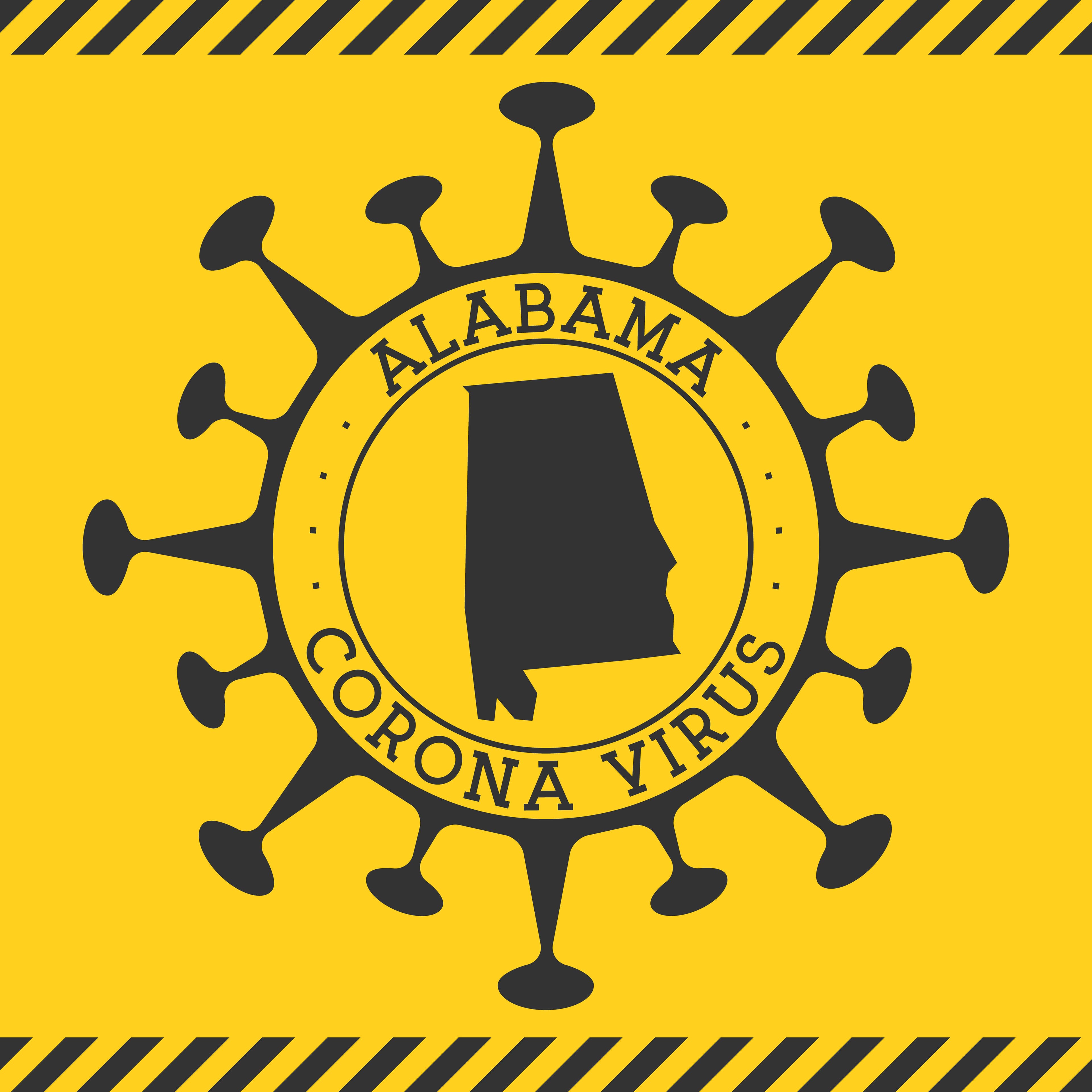 Corona virus in Alabama sign. Round badge with shape of virus and Alabama map. Yellow us state epidemy lock down stamp. Vector illustration.