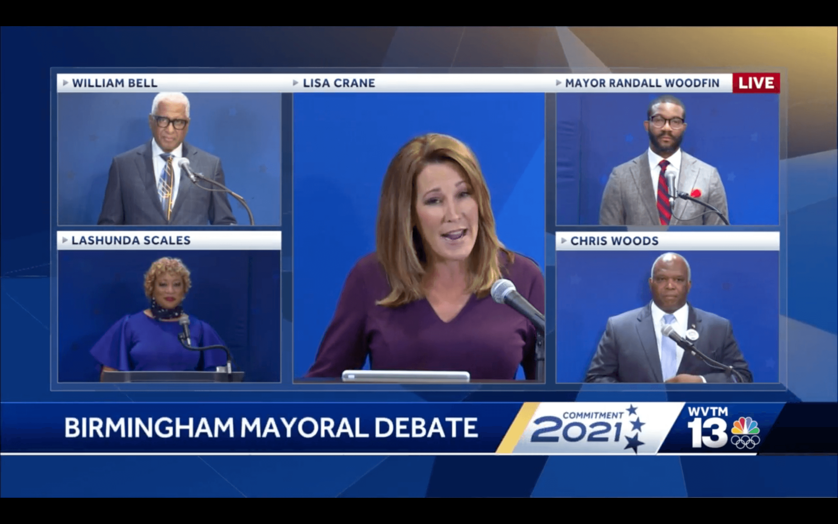 Birmingham mayoral candidates Randall Woodfin, Chris Woods, Lashunda Scales, and William Bell participate in WVTM 13's debate.