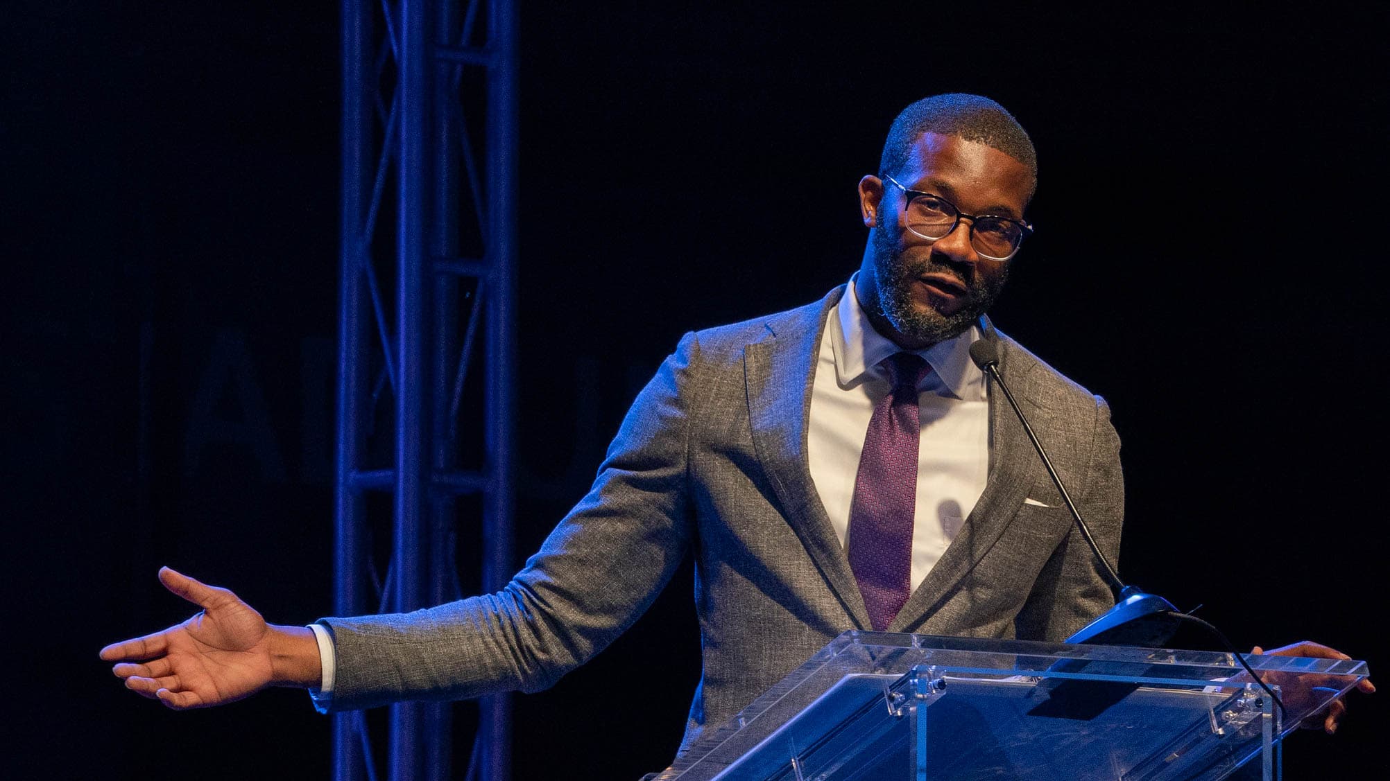Birmingham Mayor Randall Woodfin gave remarks and participated in the Protective Stadium Sign Lighting at Protective Life Stadium Tuesday, September 14, 2021 in Birmingham, Ala.