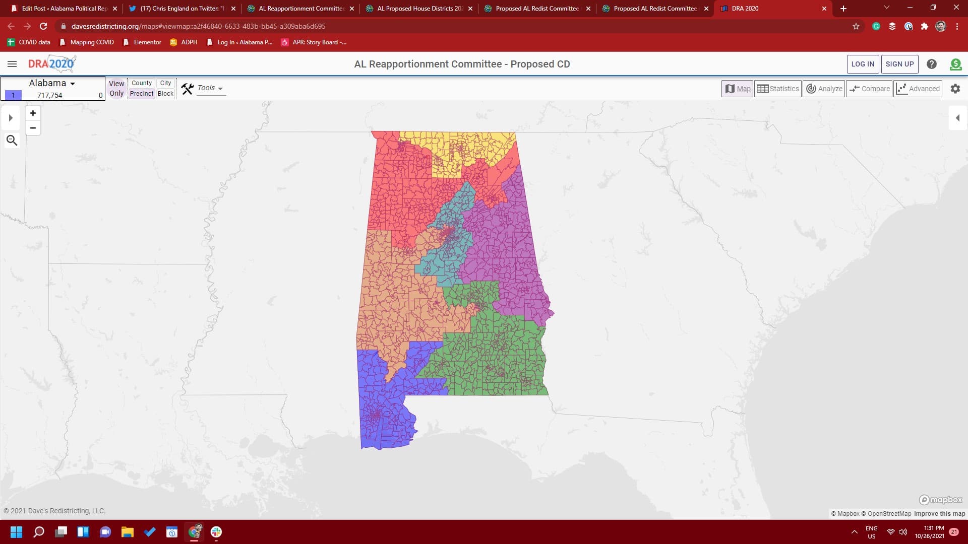 A map shows the current layout of Alabama's congressional districts. (Dave's Redistricting)