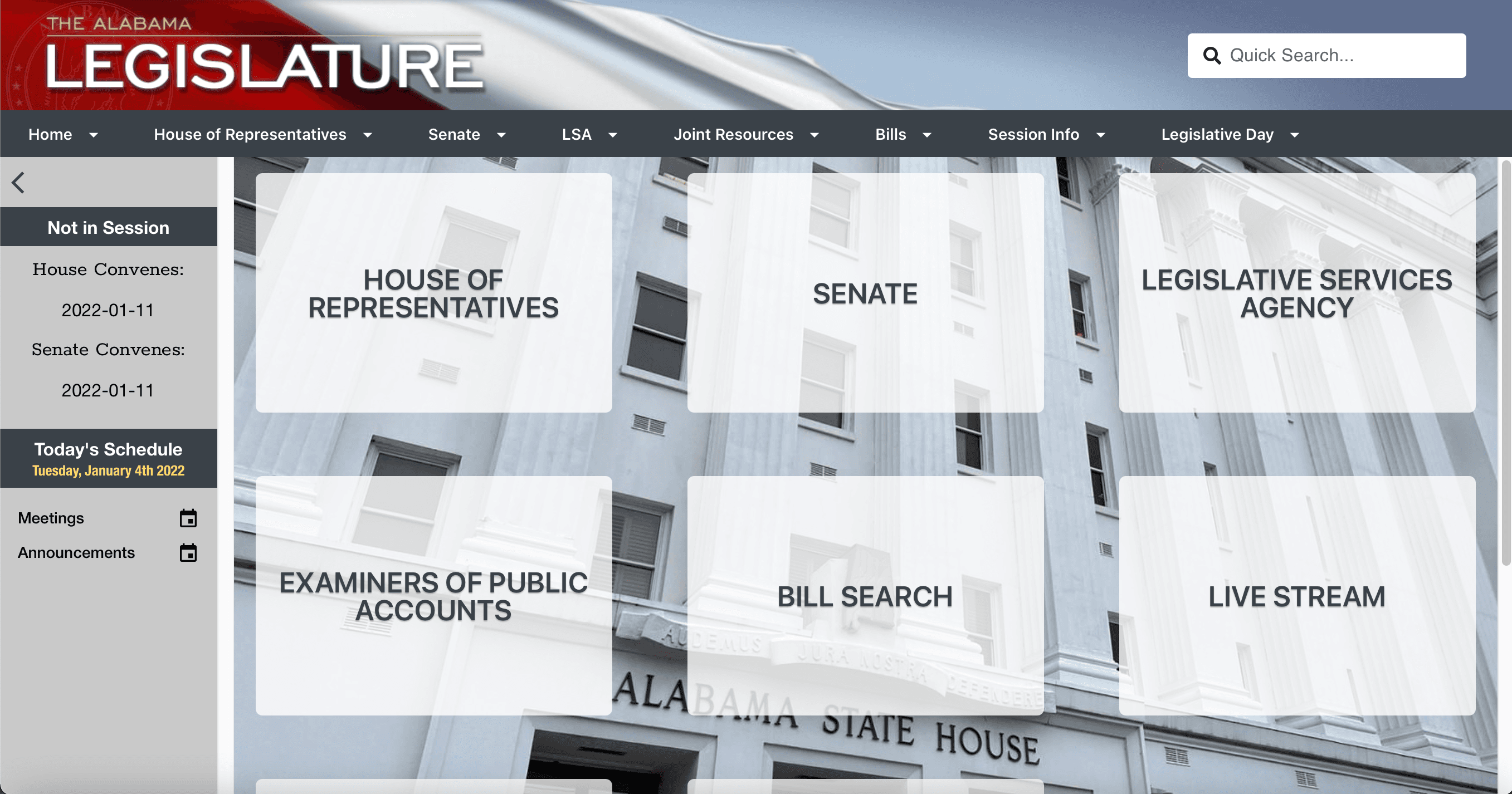 The new Alabama Legislature website organizes sections into a grid on the homepage.